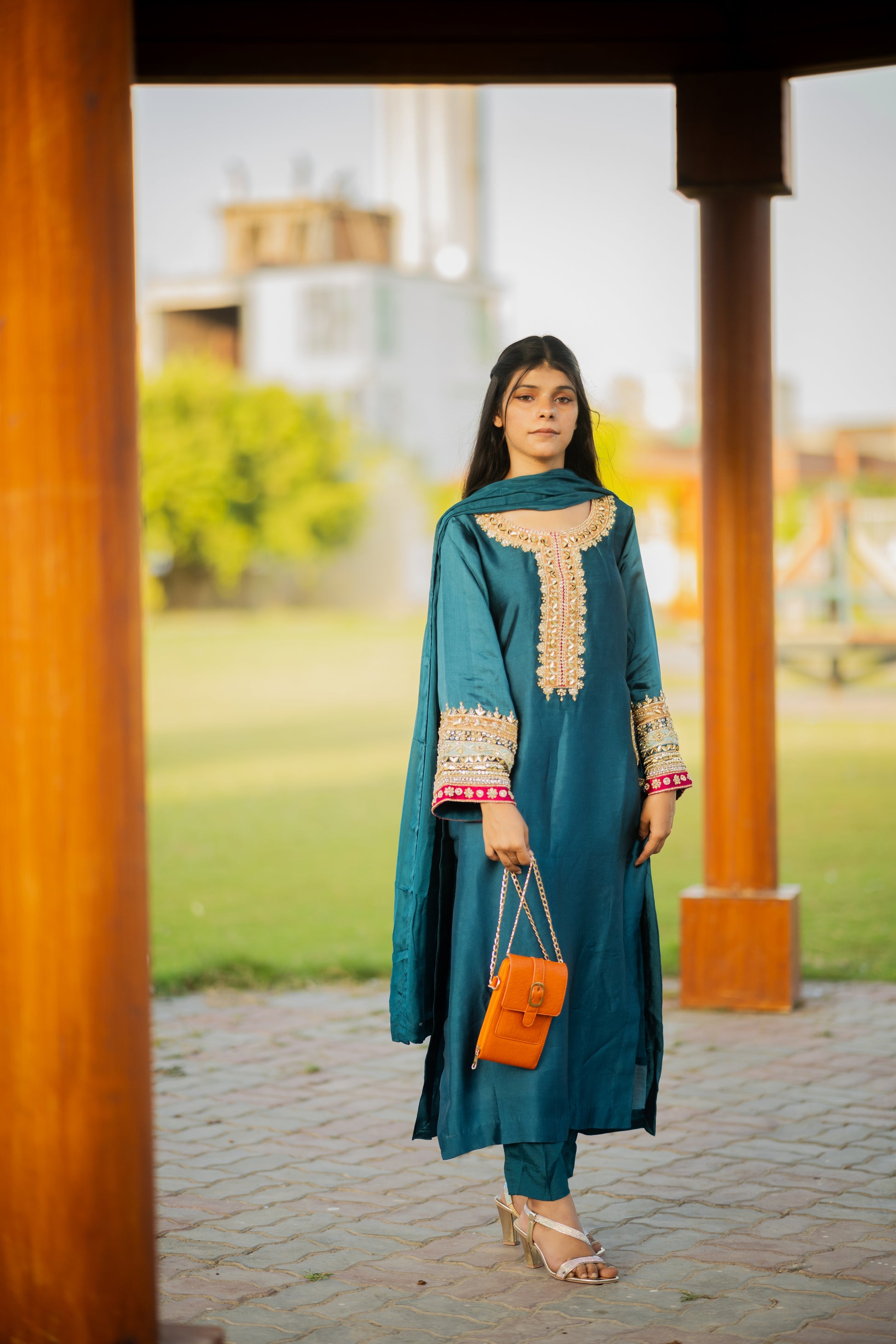 Embroidered Sequin Sheesha Silk Kurta with Chiffon Dupatta – Teal Blue Festive Wear for Women