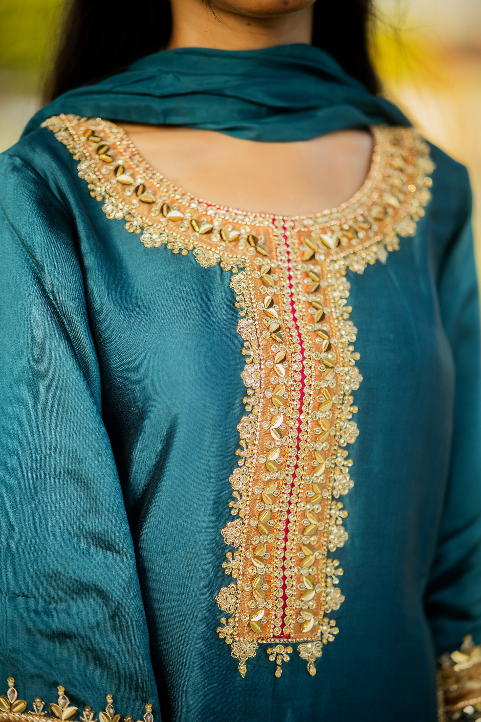 Embroidered Sequin Sheesha Silk Kurta with Chiffon Dupatta – Teal Blue Festive Wear for Women