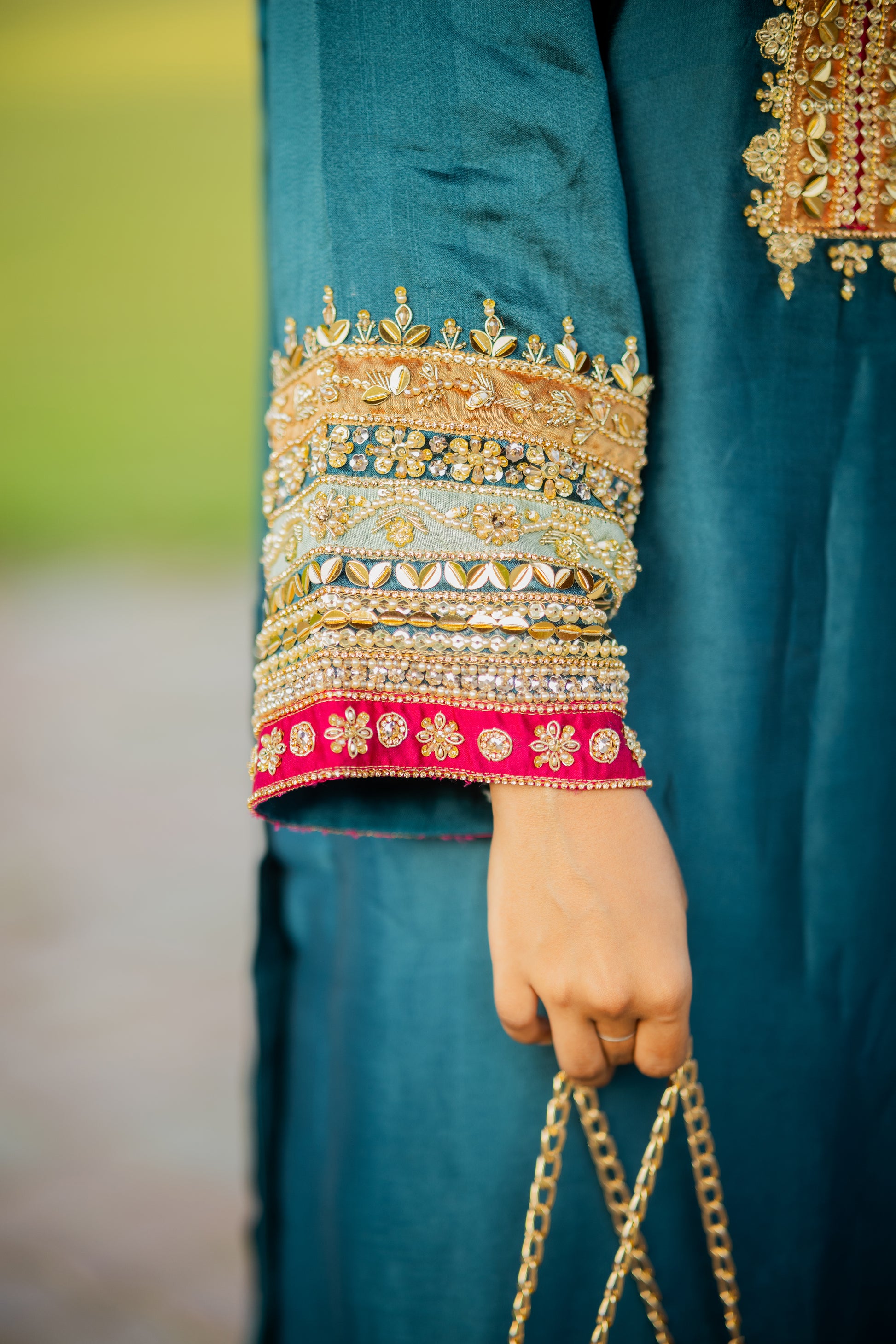 Embroidered Sequin Sheesha Silk Kurta with Chiffon Dupatta – Teal Blue Festive Wear for Women