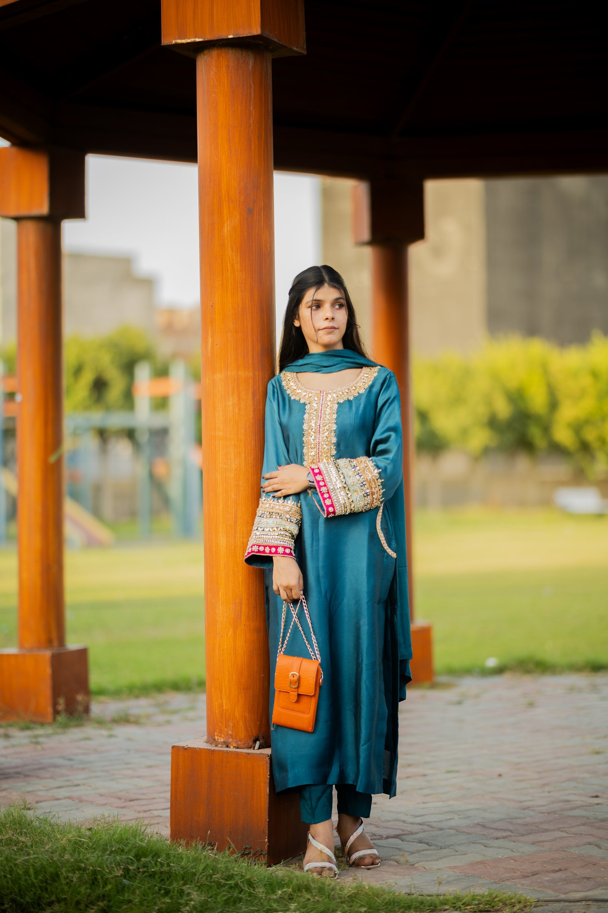 Embroidered Sequin Sheesha Silk Kurta with Chiffon Dupatta – Teal Blue Festive Wear for Women