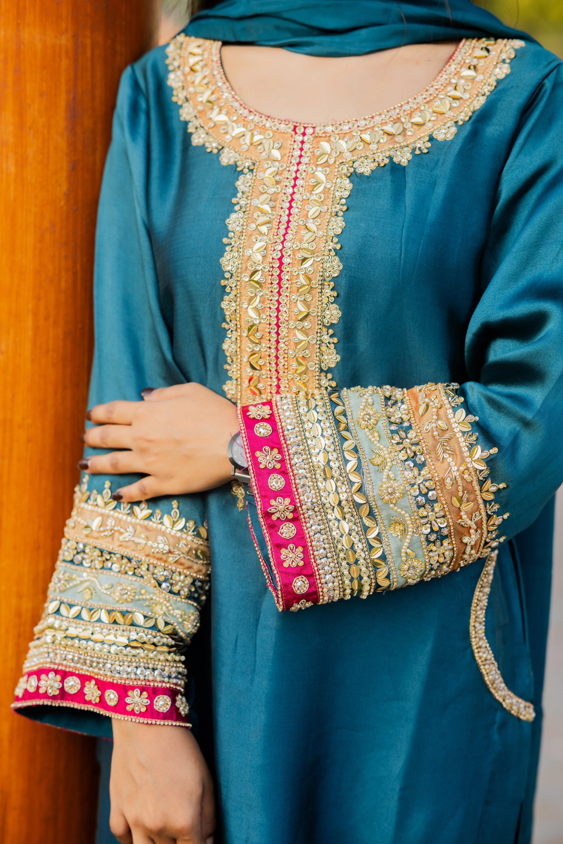 Embroidered Sequin Sheesha Silk Kurta with Chiffon Dupatta – Teal Blue Festive Wear for Women