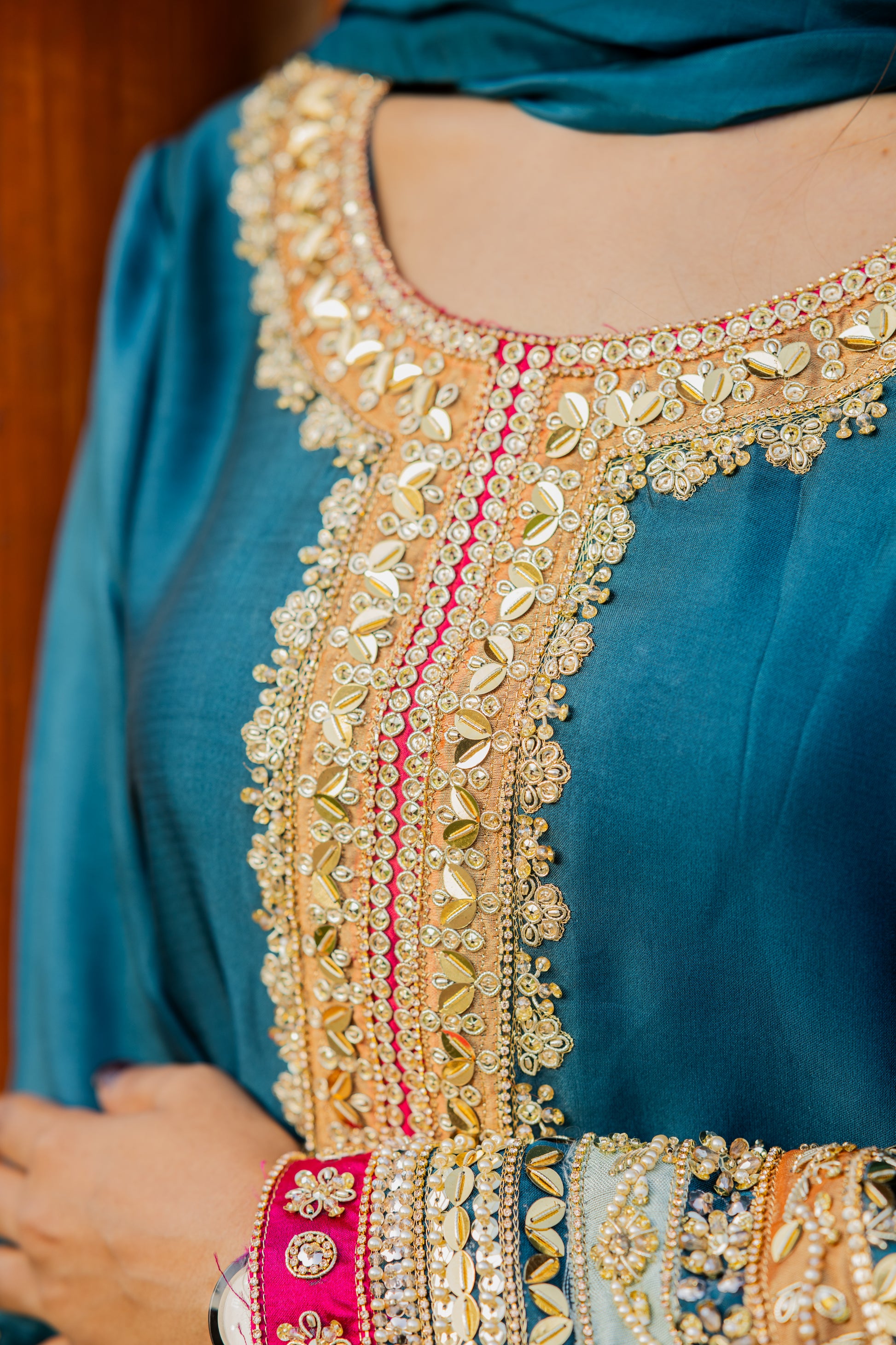 Embroidered Sequin Sheesha Silk Kurta with Chiffon Dupatta – Teal Blue Festive Wear for Women