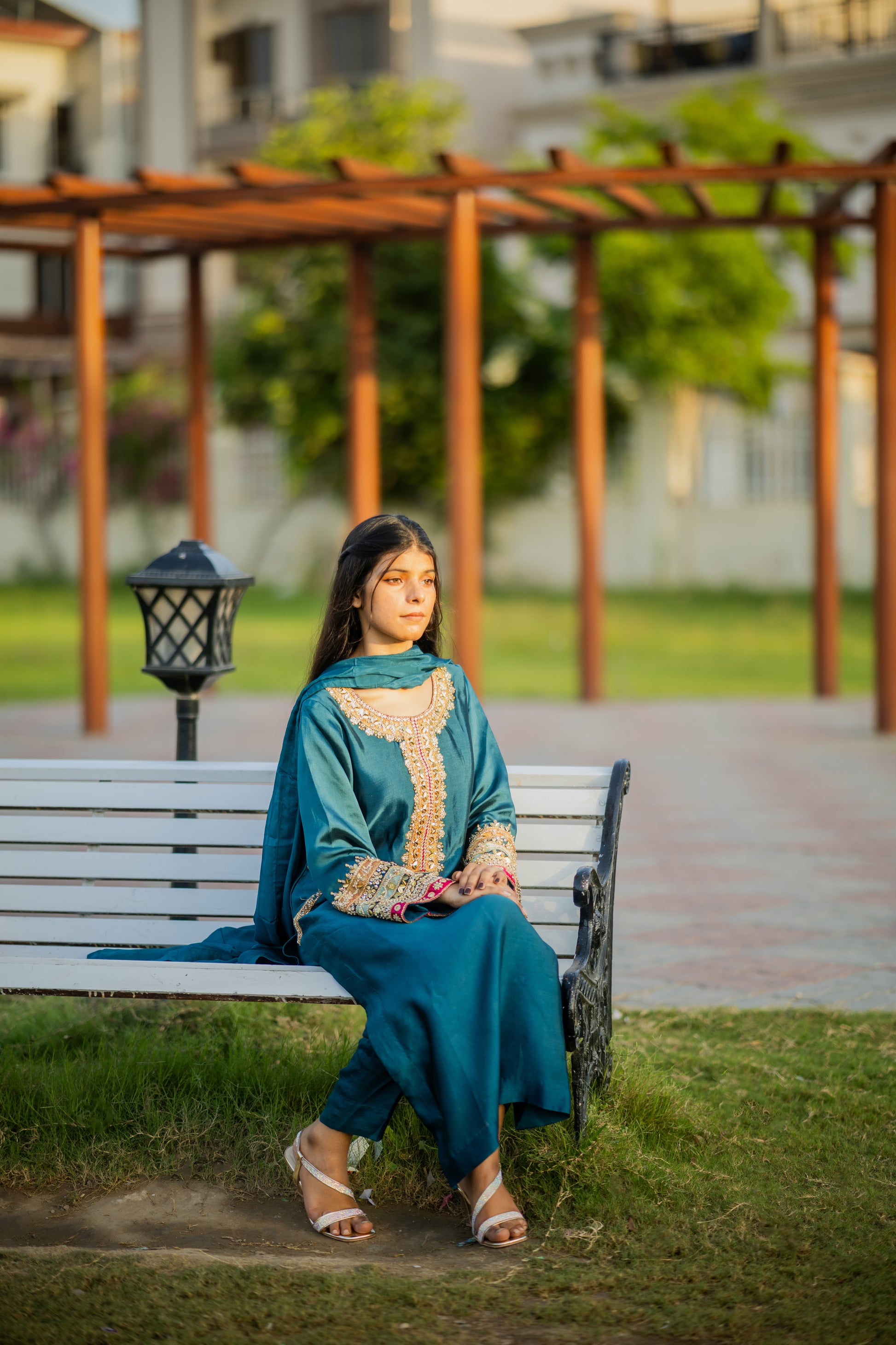 Embroidered Sequin Sheesha Silk Kurta with Chiffon Dupatta – Teal Blue Festive Wear for Women