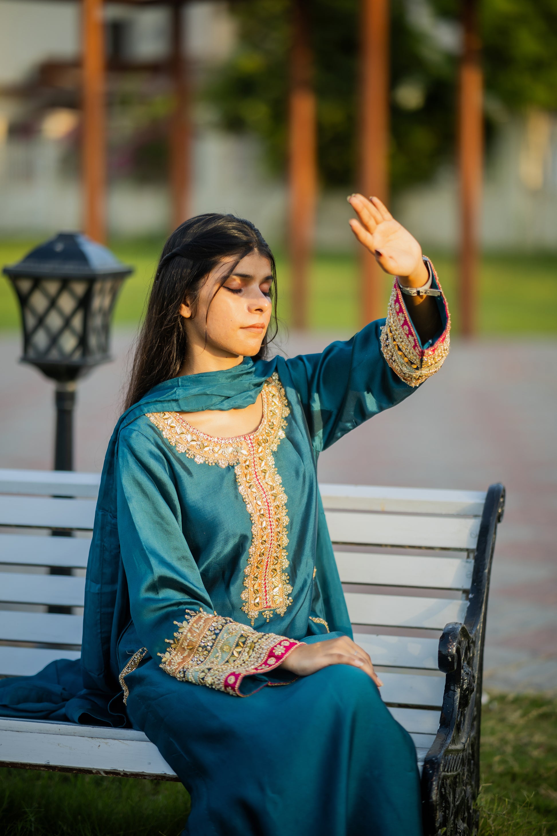 Embroidered Sequin Sheesha Silk Kurta with Chiffon Dupatta – Teal Blue Festive Wear for Women