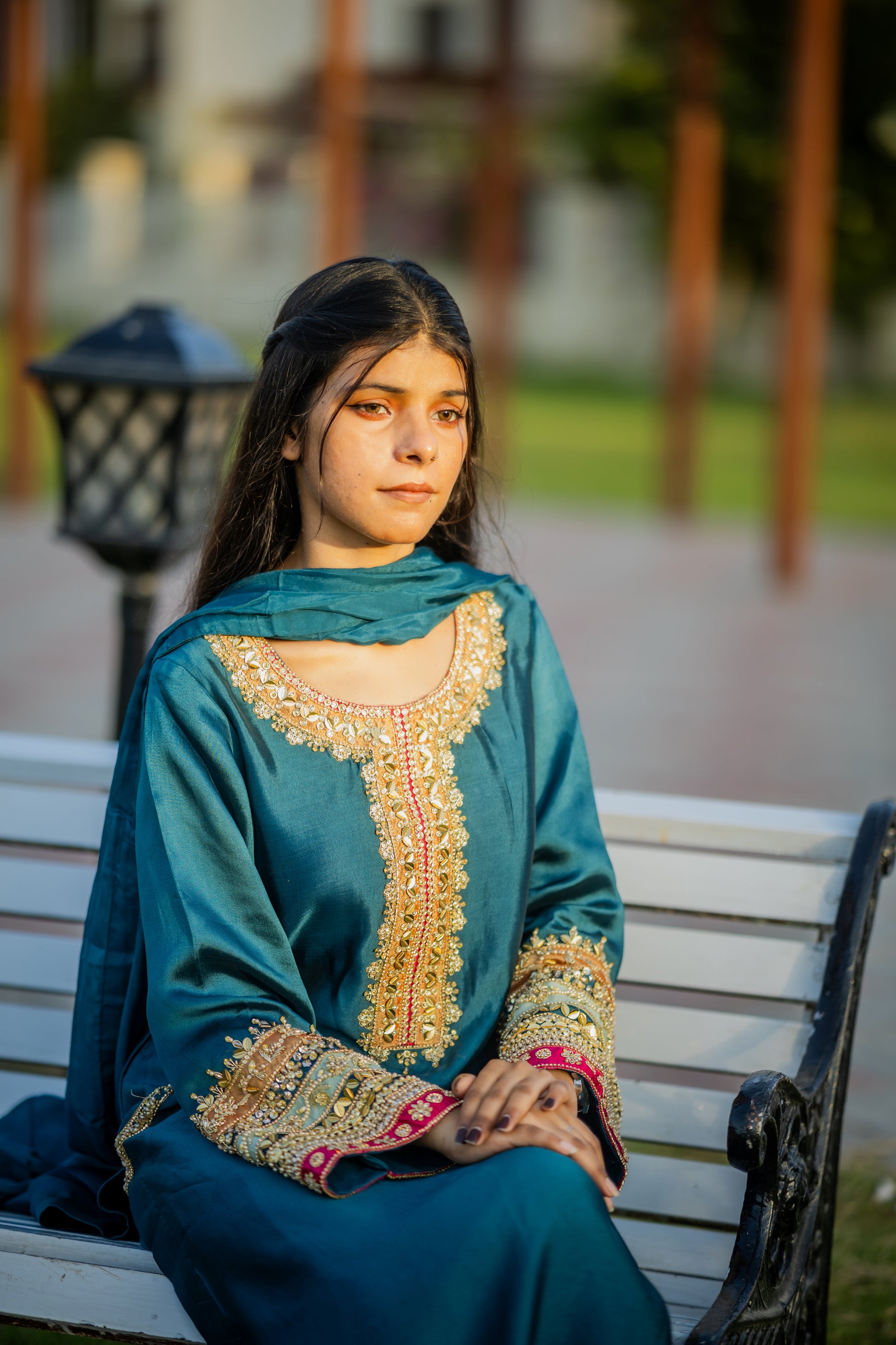 Embroidered Sequin Sheesha Silk Kurta with Chiffon Dupatta – Teal Blue Festive Wear for Women