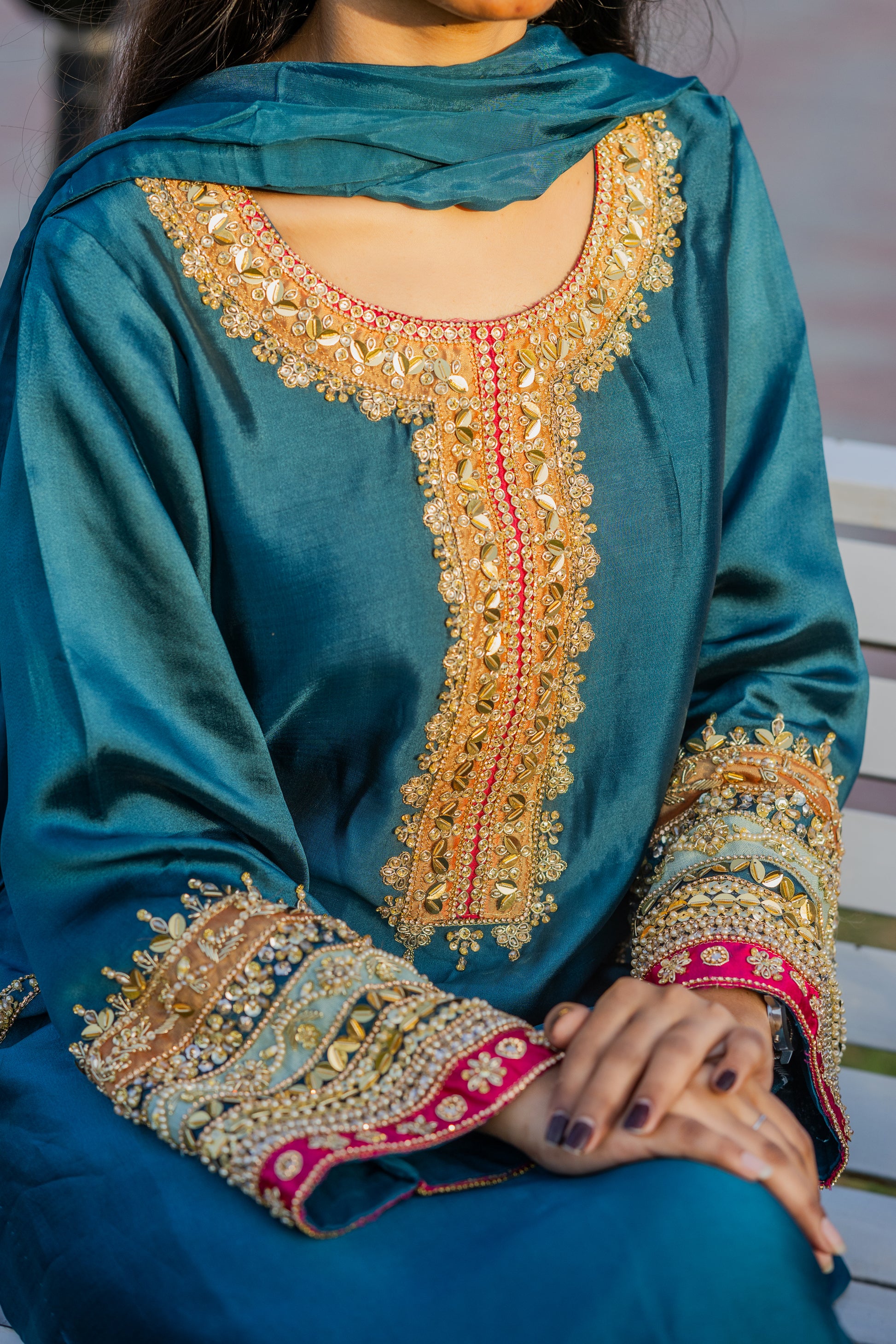 Embroidered Sequin Sheesha Silk Kurta with Chiffon Dupatta – Teal Blue Festive Wear for Women