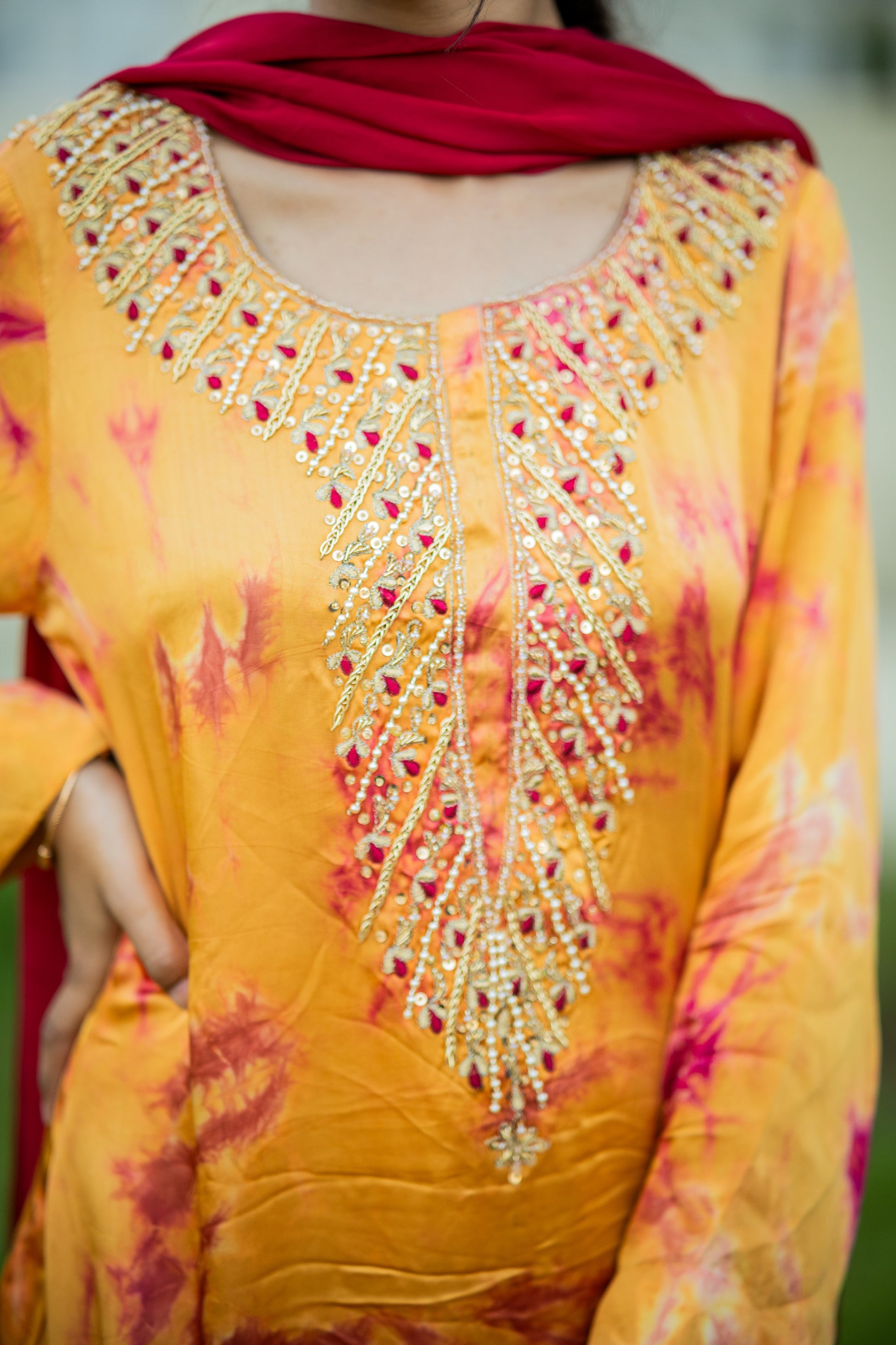 Embroidered Long Silk Shirt with Maroon Dupatta – 3 Piece Formal Wear for Women