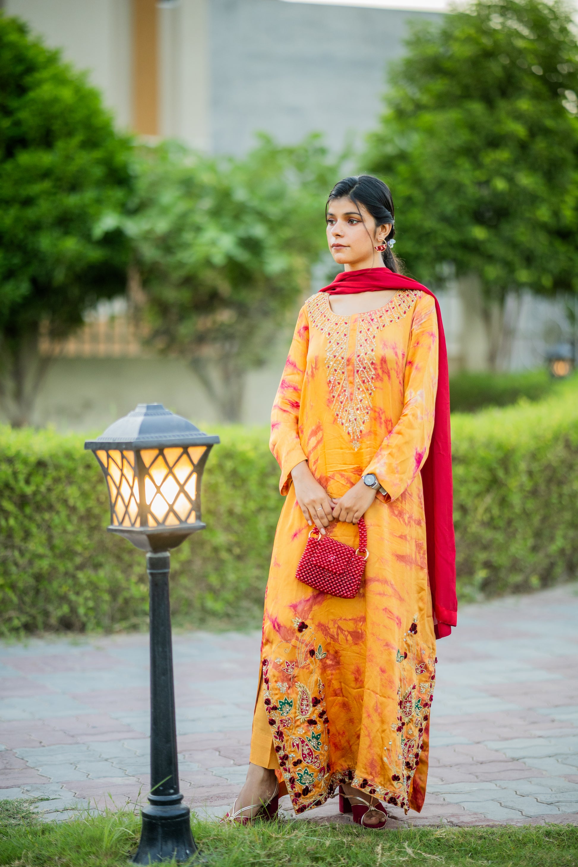 Embroidered Long Silk Shirt with Maroon Dupatta – 3 Piece Formal Wear for Women