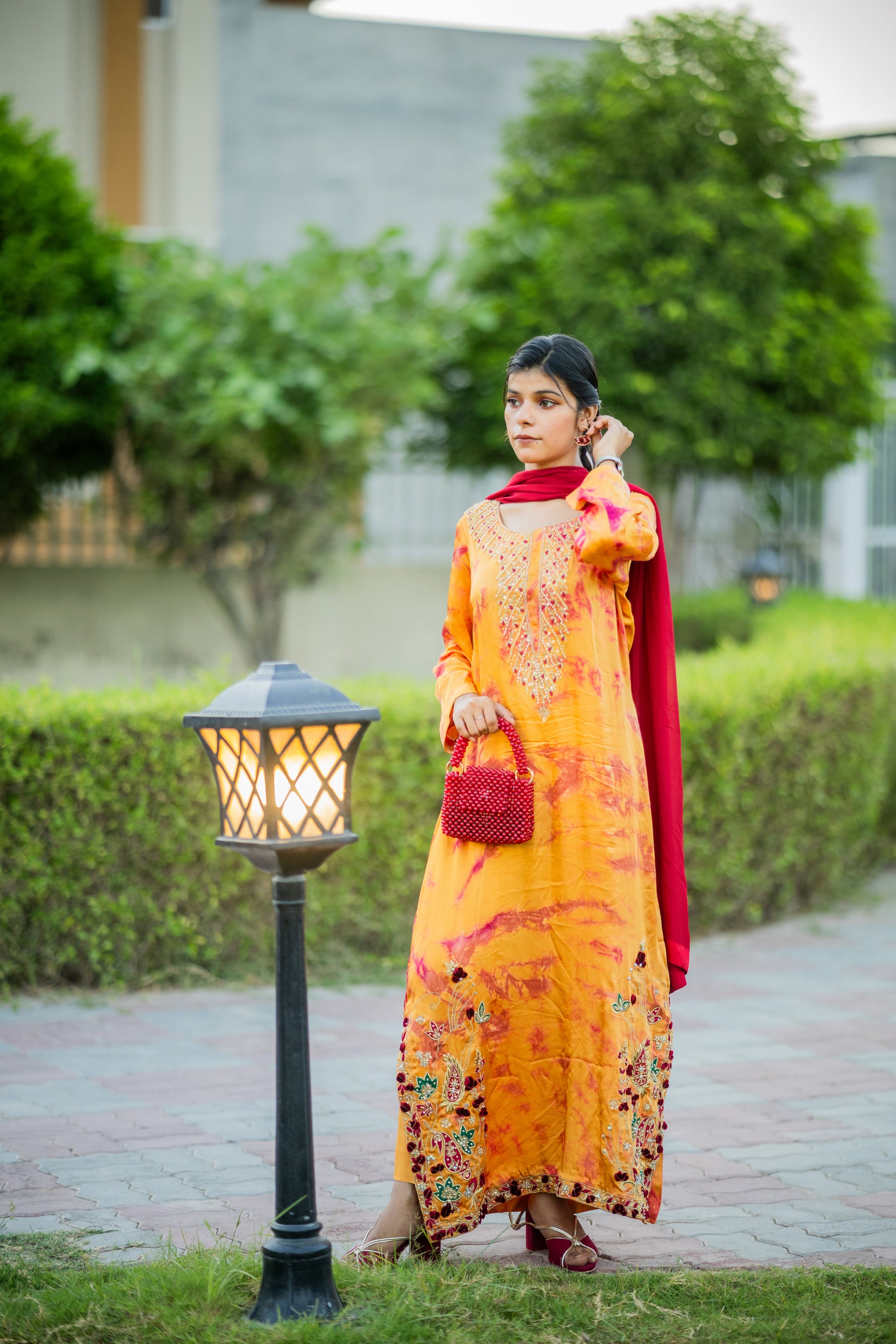 Embroidered Long Silk Shirt with Maroon Dupatta – 3 Piece Formal Wear for Women