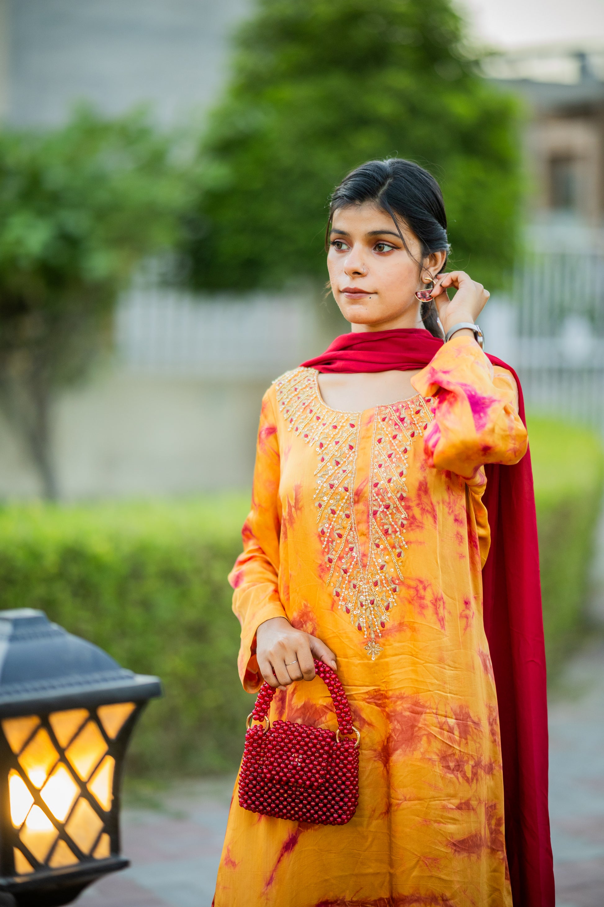 Embroidered Long Silk Shirt with Maroon Dupatta – 3 Piece Formal Wear for Women