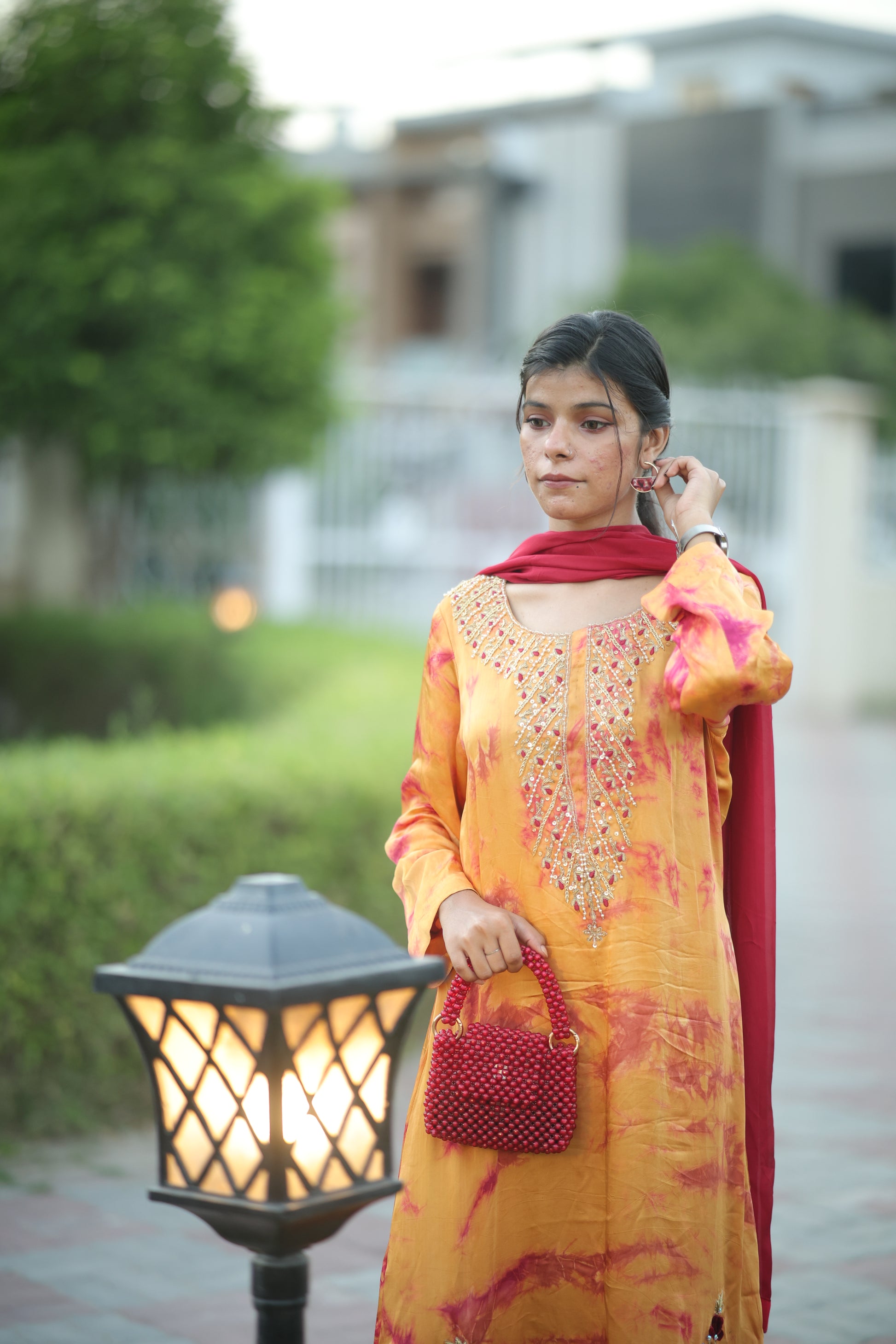 Embroidered Long Silk Shirt with Maroon Dupatta – 3 Piece Formal Wear for Women