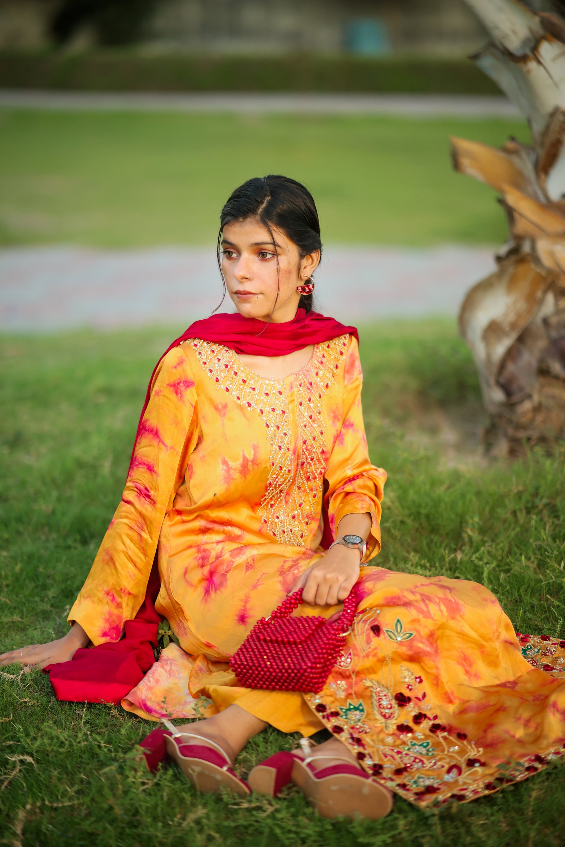 Embroidered Long Silk Shirt with Maroon Dupatta – 3 Piece Formal Wear for Women