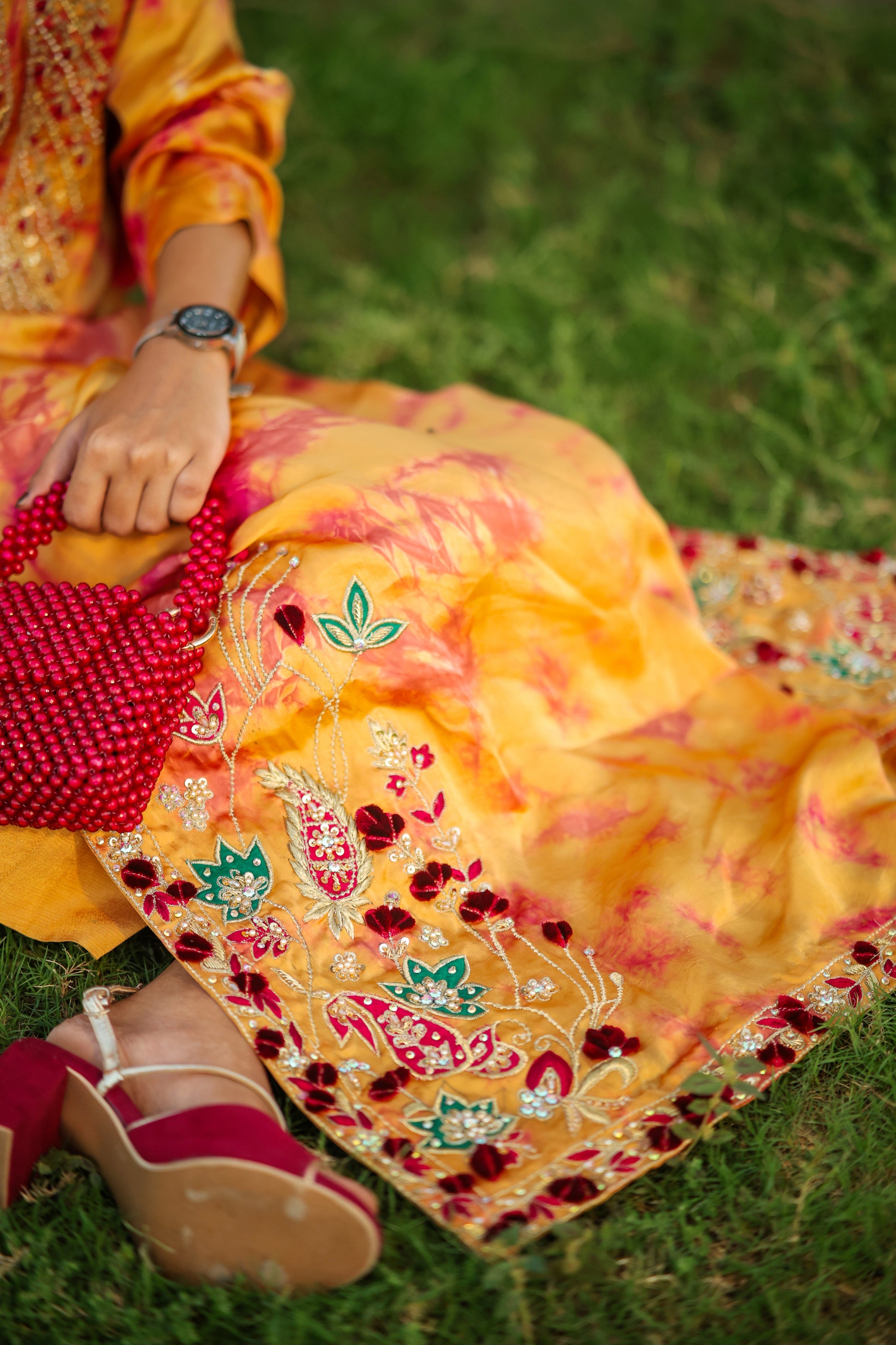 Embroidered Long Silk Shirt with Maroon Dupatta – 3 Piece Formal Wear for Women