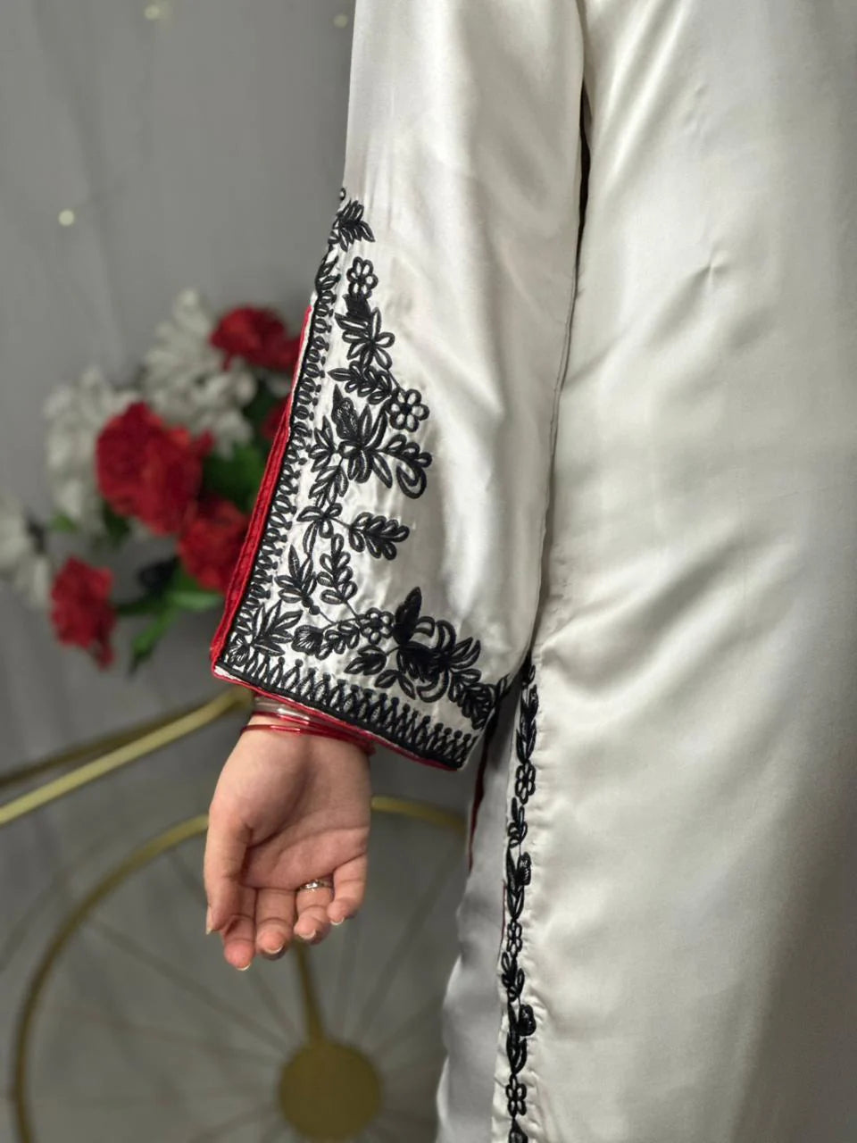 White Premium Silk Embroidered 3-Piece Suit with Red Dupatta