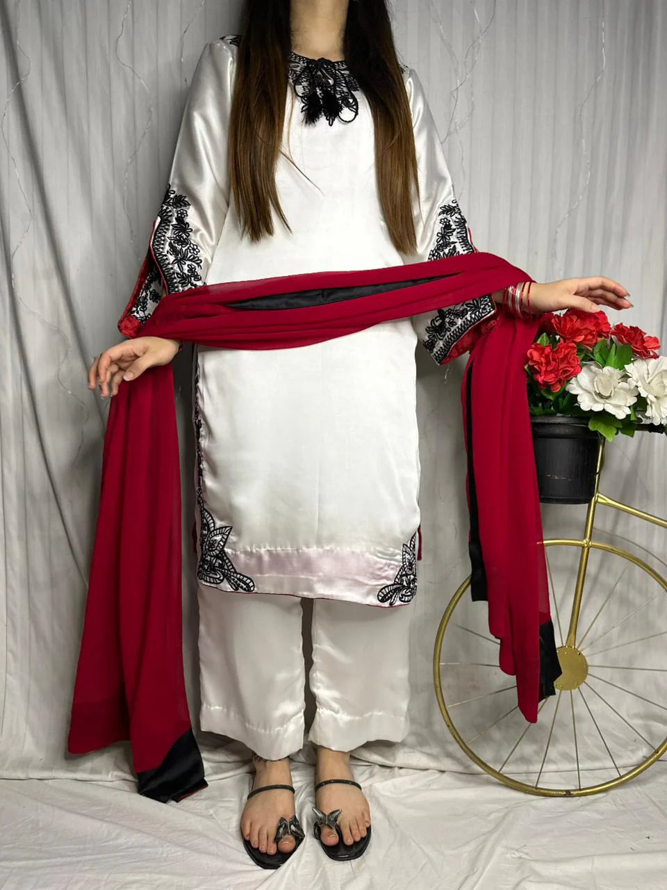 White Premium Silk Embroidered 3-Piece Suit with Red Dupatta