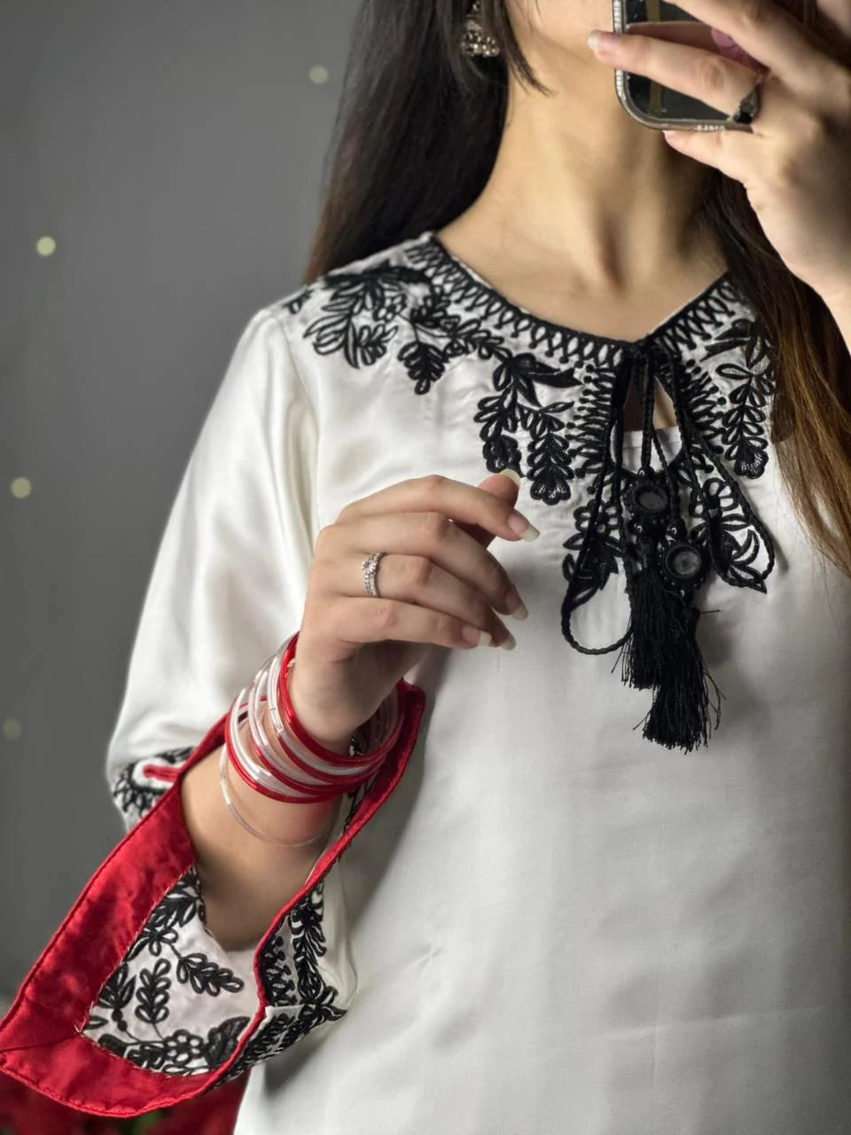 White Premium Silk Embroidered 3-Piece Suit with Red Dupatta