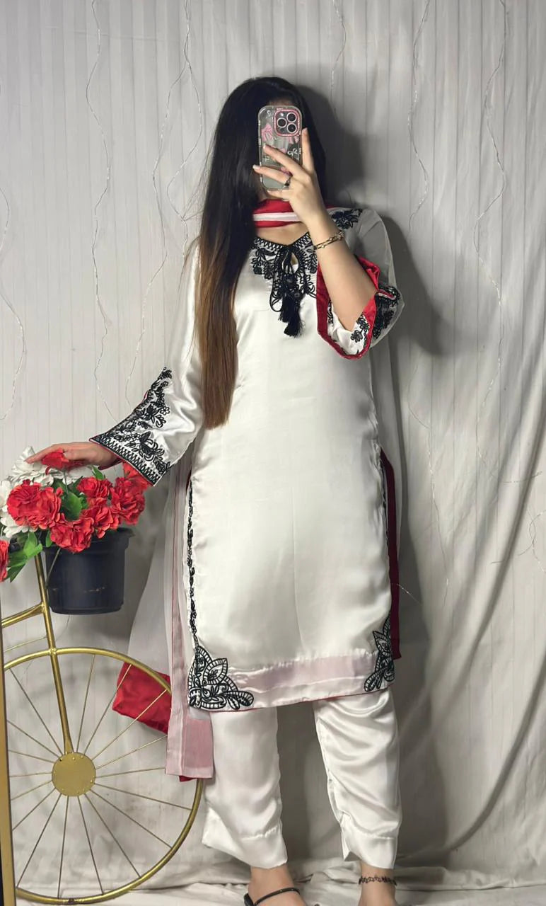 White Premium Silk Embroidered 3-Piece Suit with Red Dupatta