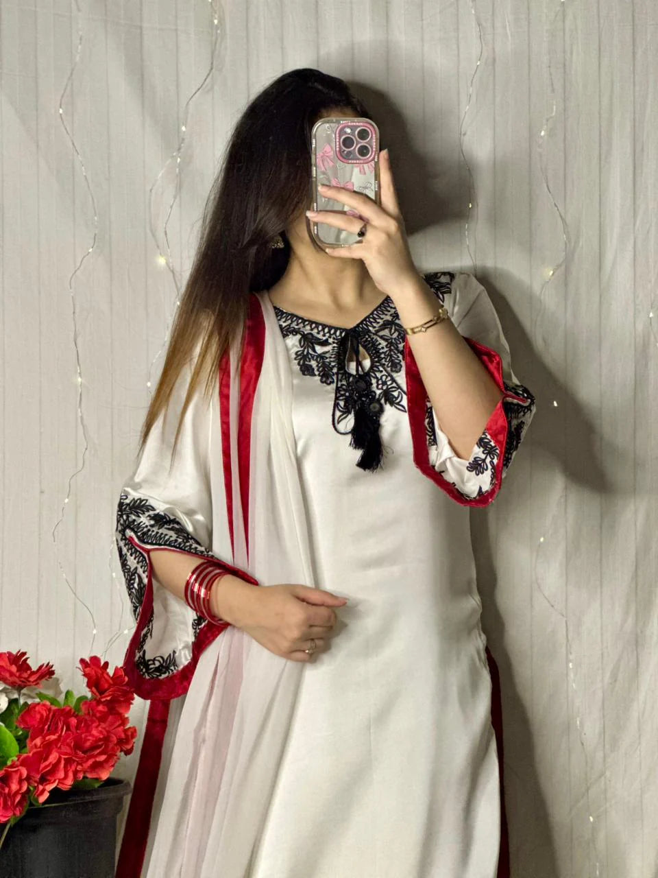 White Premium Silk Embroidered 3-Piece Suit with Red Dupatta