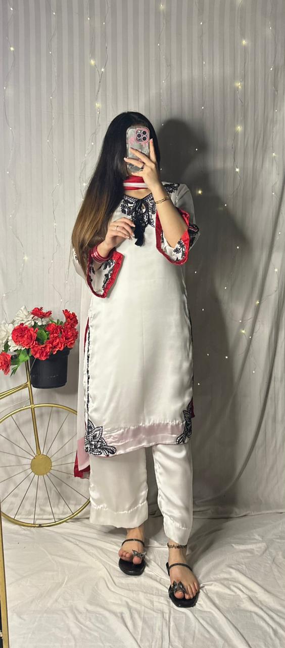 White Premium Silk Embroidered 3-Piece Suit with Red Dupatta
