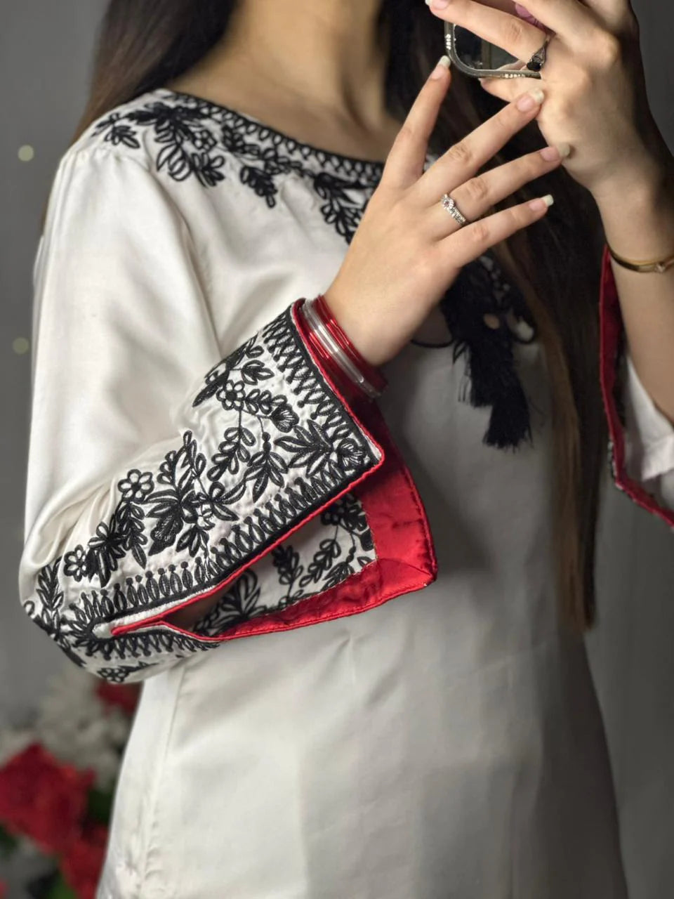 White Premium Silk Embroidered 3-Piece Suit with Red Dupatta
