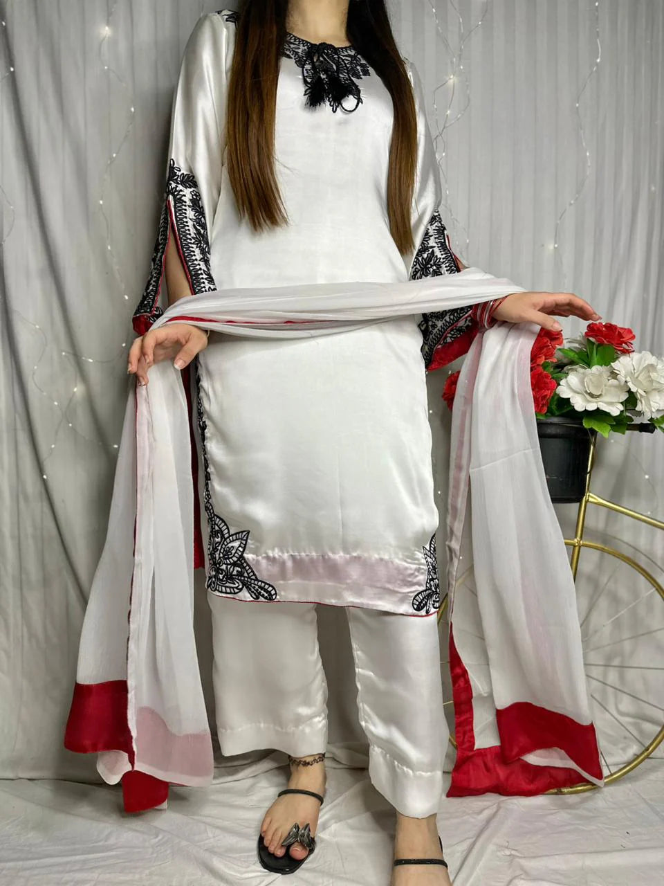 White Premium Silk Embroidered 3-Piece Suit with Red Dupatta