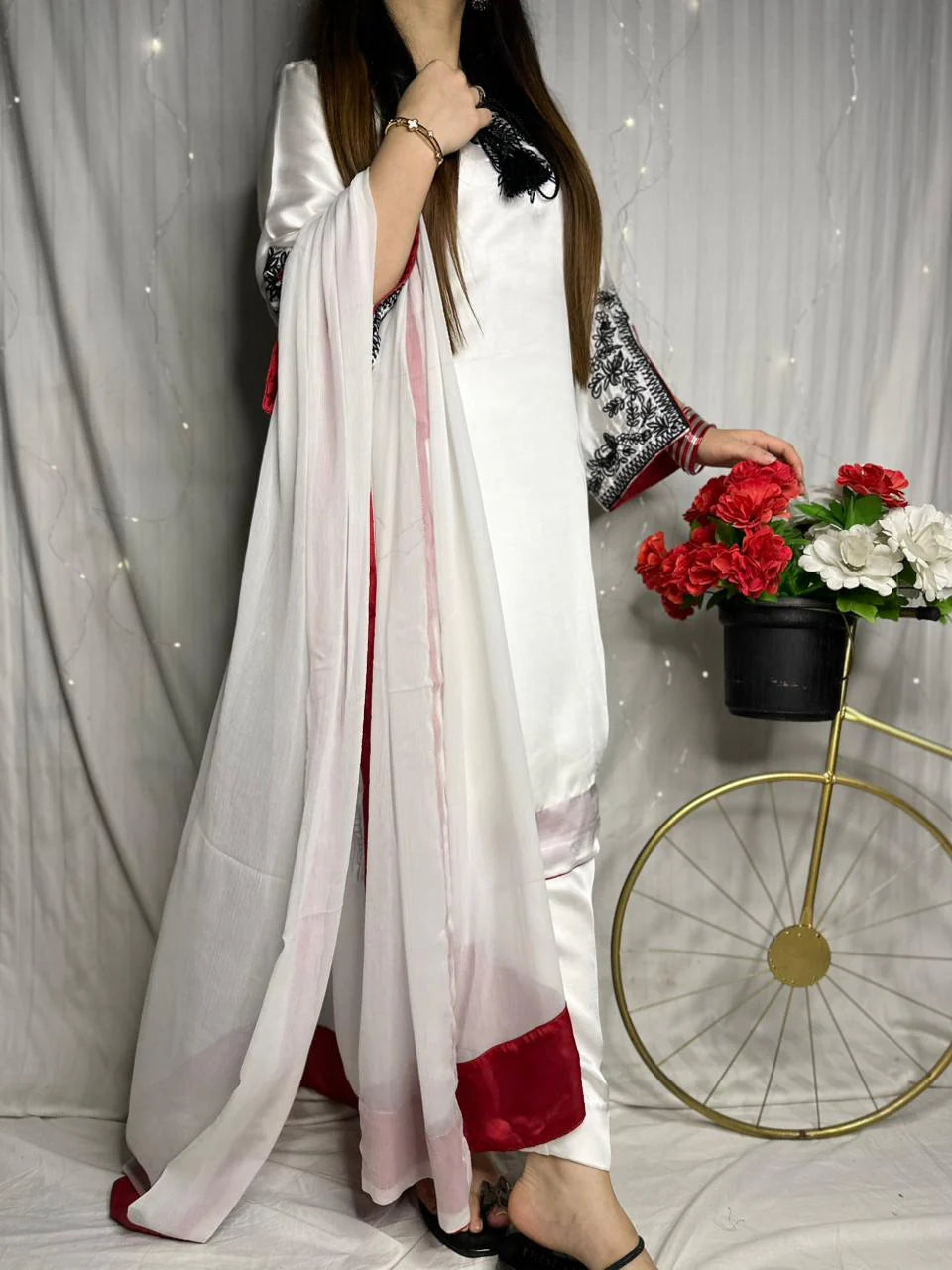 White Premium Silk Embroidered 3-Piece Suit with Red Dupatta