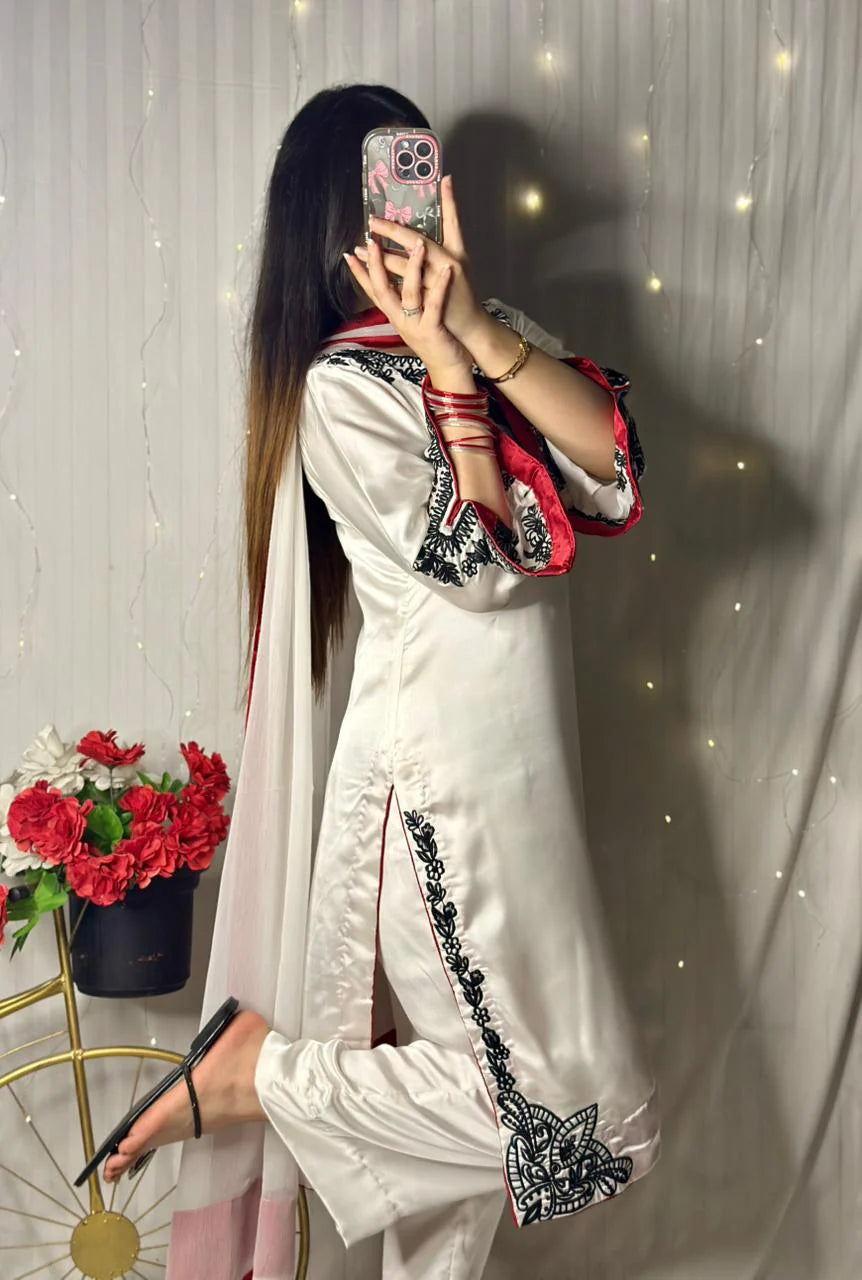 White Premium Silk Embroidered 3-Piece Suit with Red Dupatta