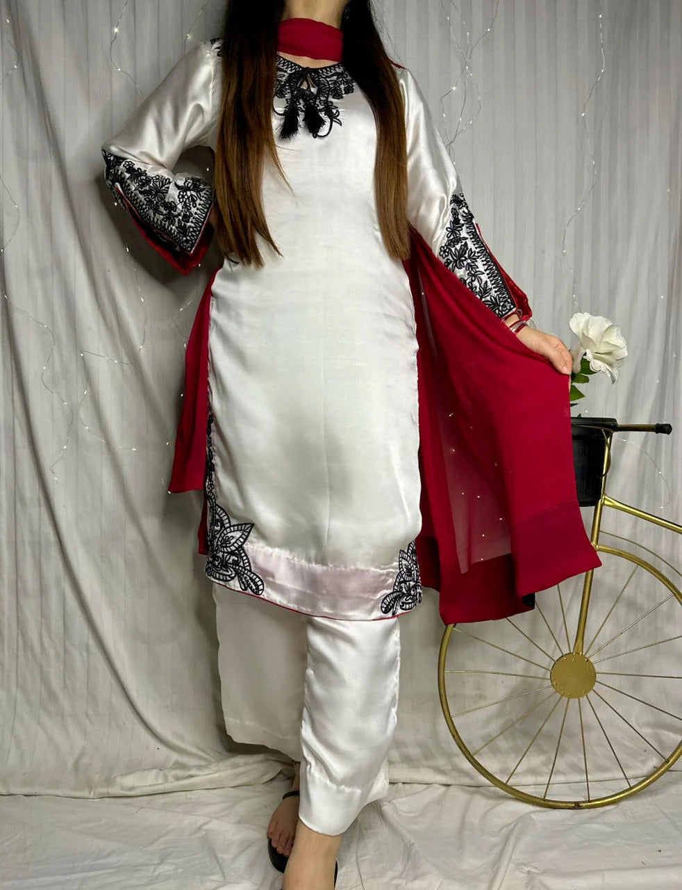 White Premium Silk Embroidered 3-Piece Suit with Red Dupatta
