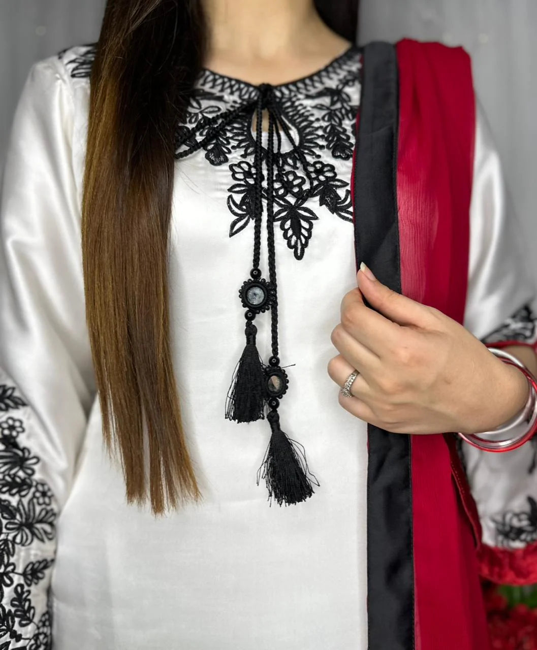 White Premium Silk Embroidered 3-Piece Suit with Red Dupatta