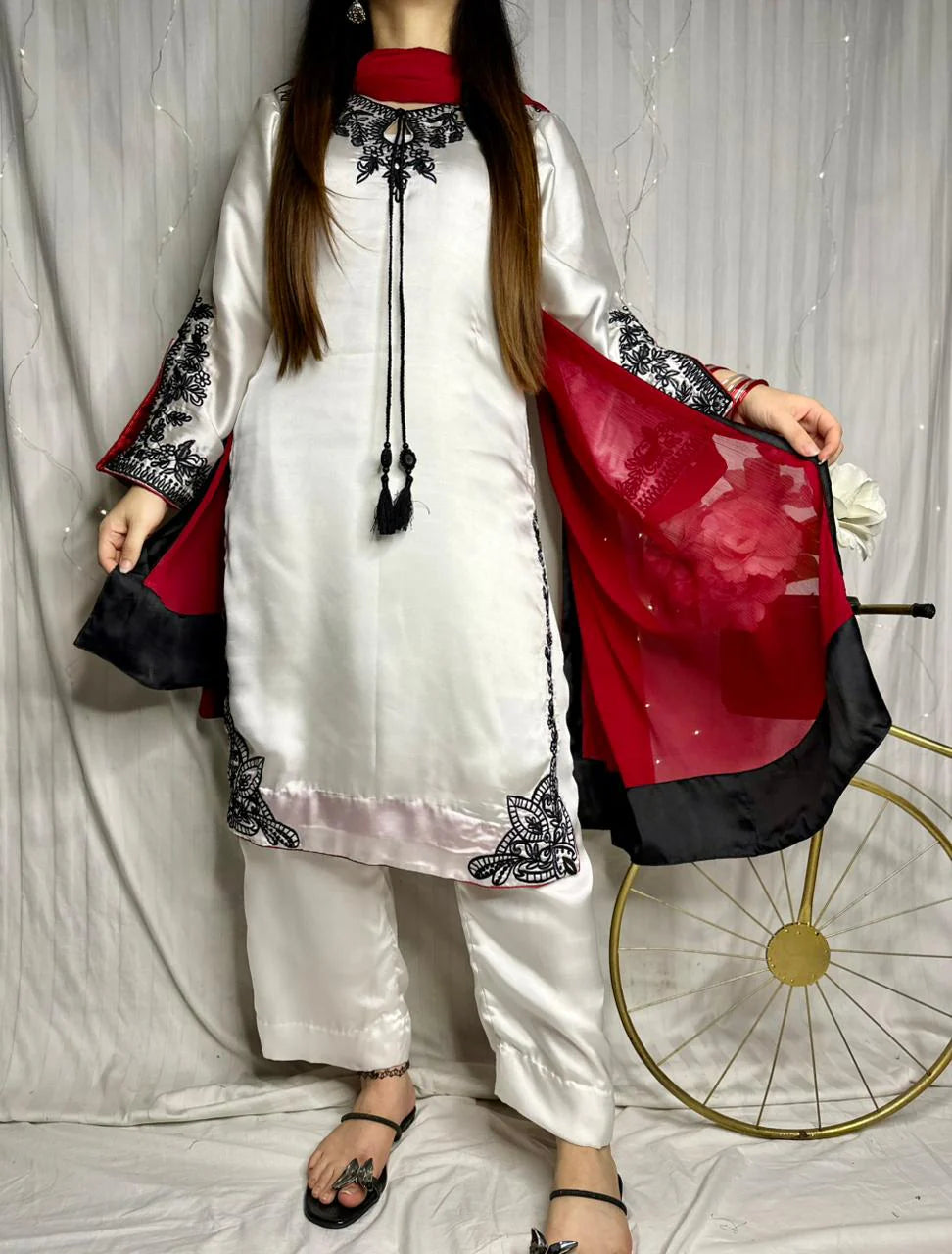White Premium Silk Embroidered 3-Piece Suit with Red Dupatta