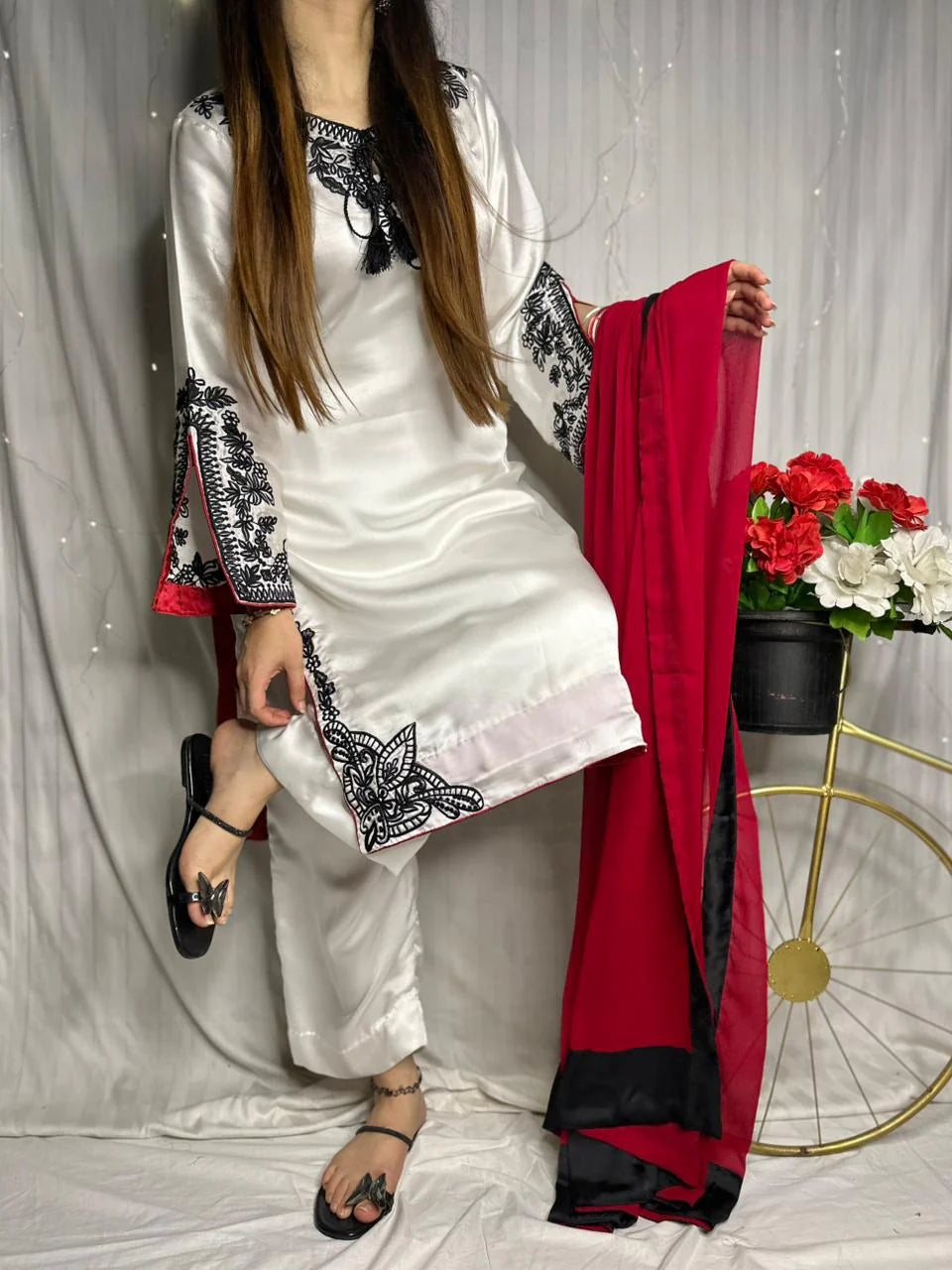 White Premium Silk Embroidered 3-Piece Suit with Red Dupatta