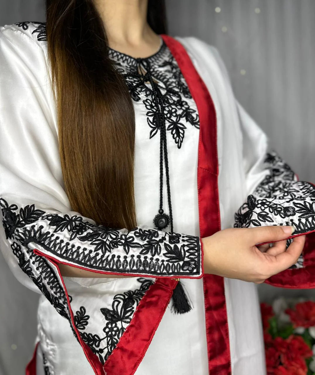 White Premium Silk Embroidered 3-Piece Suit with Red Dupatta