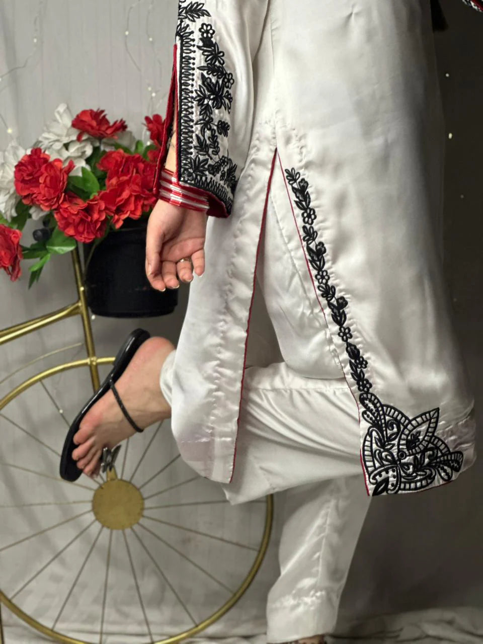 White Premium Silk Embroidered 3-Piece Suit with Red Dupatta