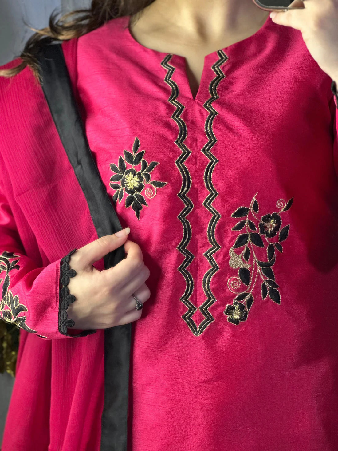 Hot Pink Embroidered Raw Silk 3-Piece Outfit with Chiffon Dupatta