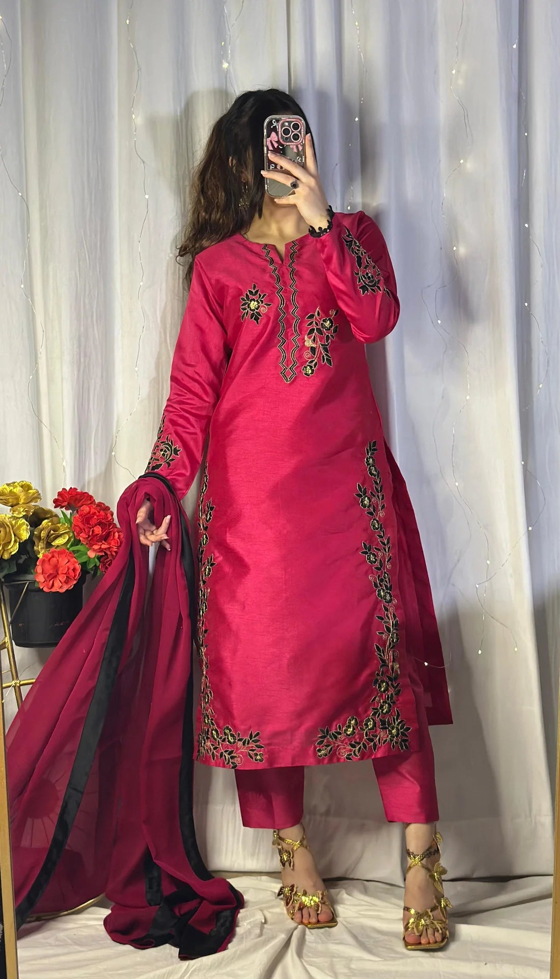 Hot Pink Embroidered Raw Silk 3-Piece Outfit with Chiffon Dupatta