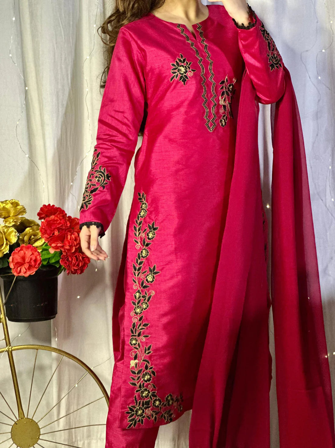 Hot Pink Embroidered Raw Silk 3-Piece Outfit with Chiffon Dupatta
