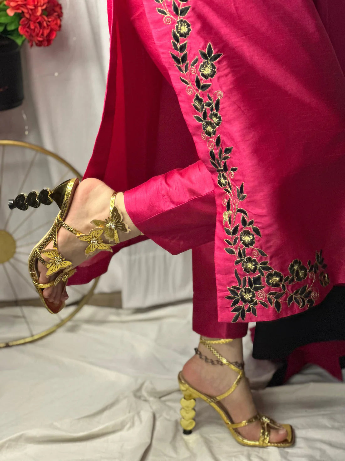 Hot Pink Embroidered Raw Silk 3-Piece Outfit with Chiffon Dupatta