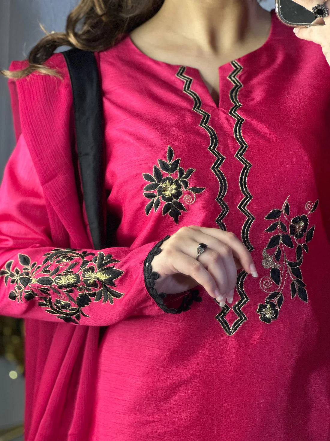 Hot Pink Embroidered Raw Silk 3-Piece Outfit with Chiffon Dupatta