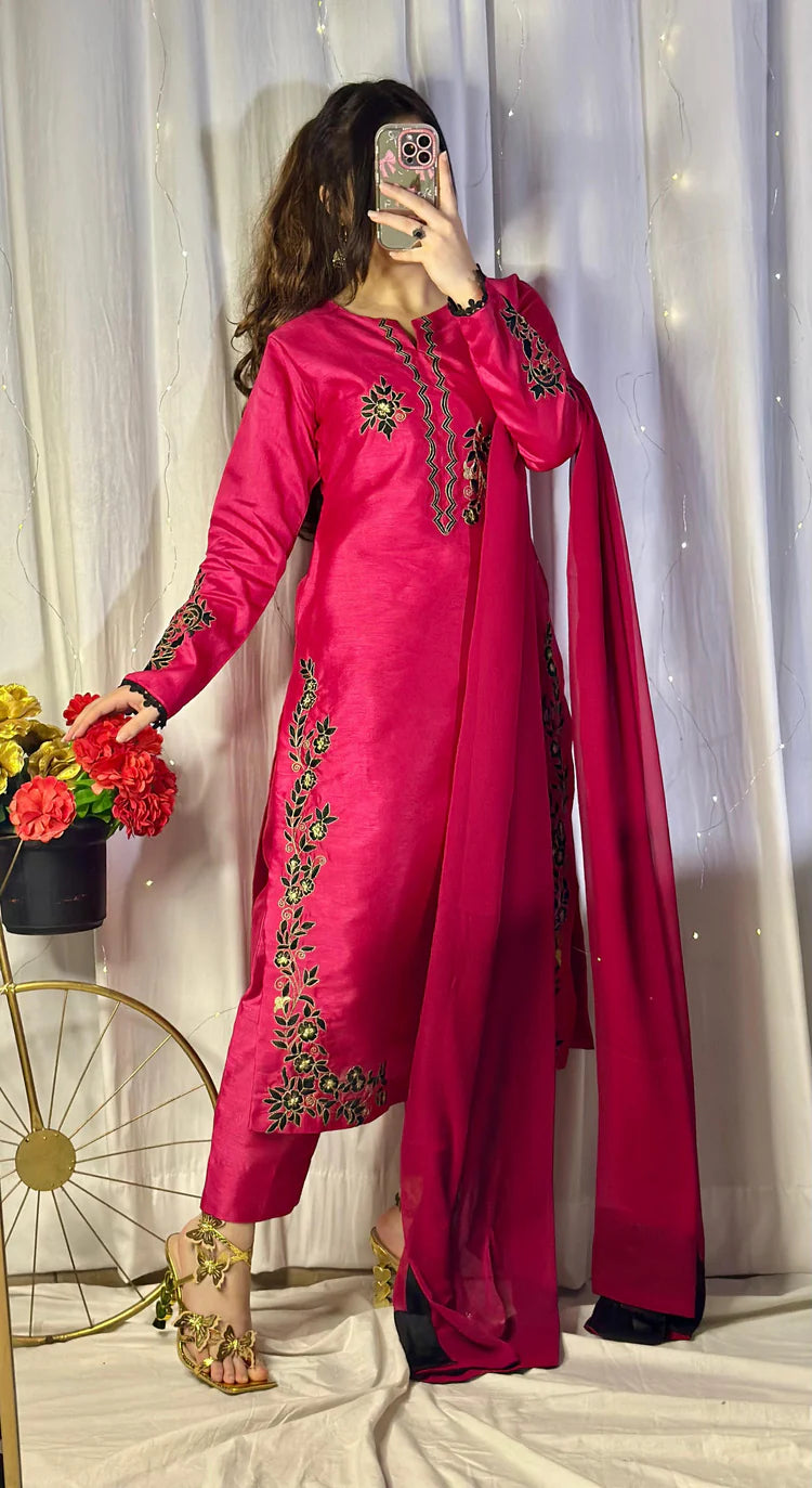 Hot Pink Embroidered Raw Silk 3-Piece Outfit with Chiffon Dupatta