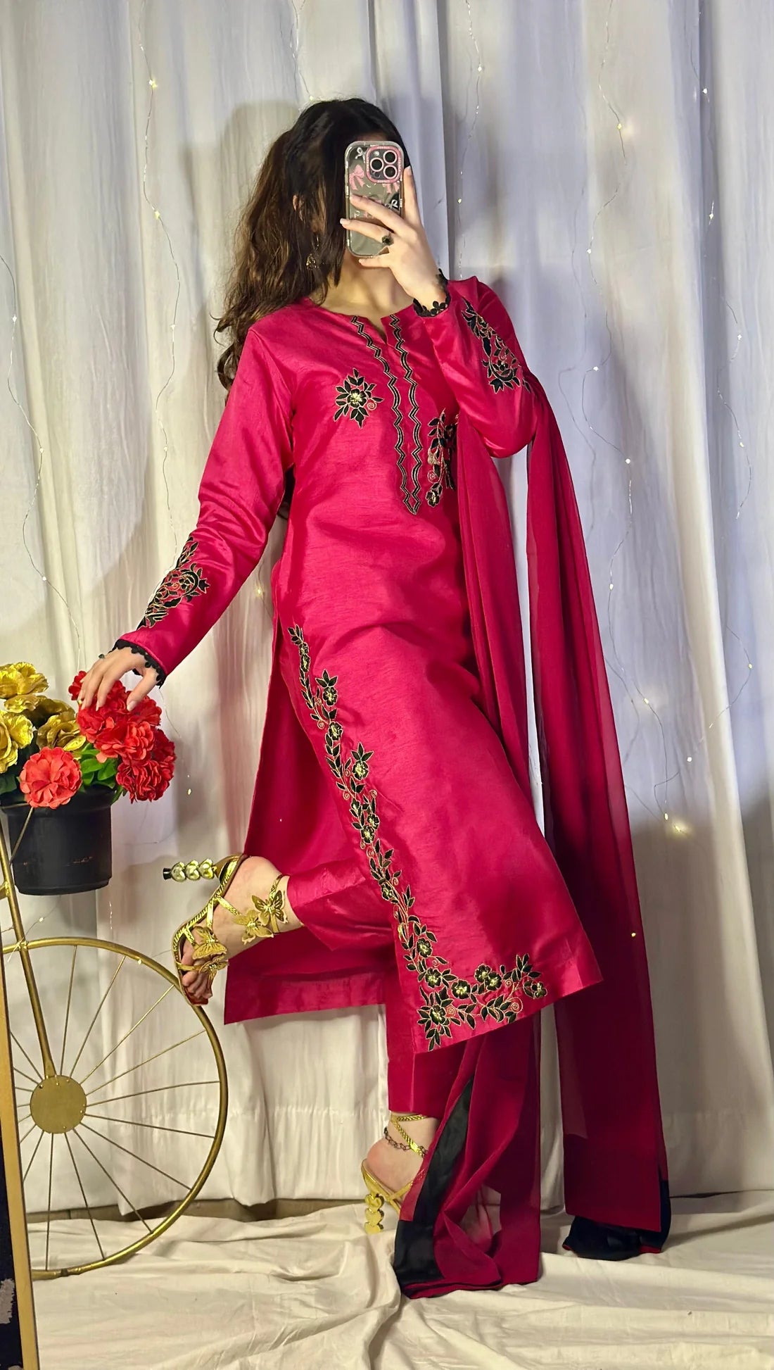 Hot Pink Embroidered Raw Silk 3-Piece Outfit with Chiffon Dupatta