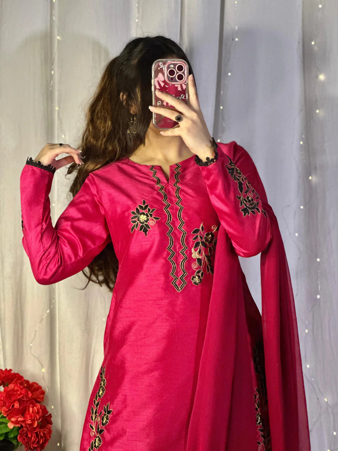 Hot Pink Embroidered Raw Silk 3-Piece Outfit with Chiffon Dupatta