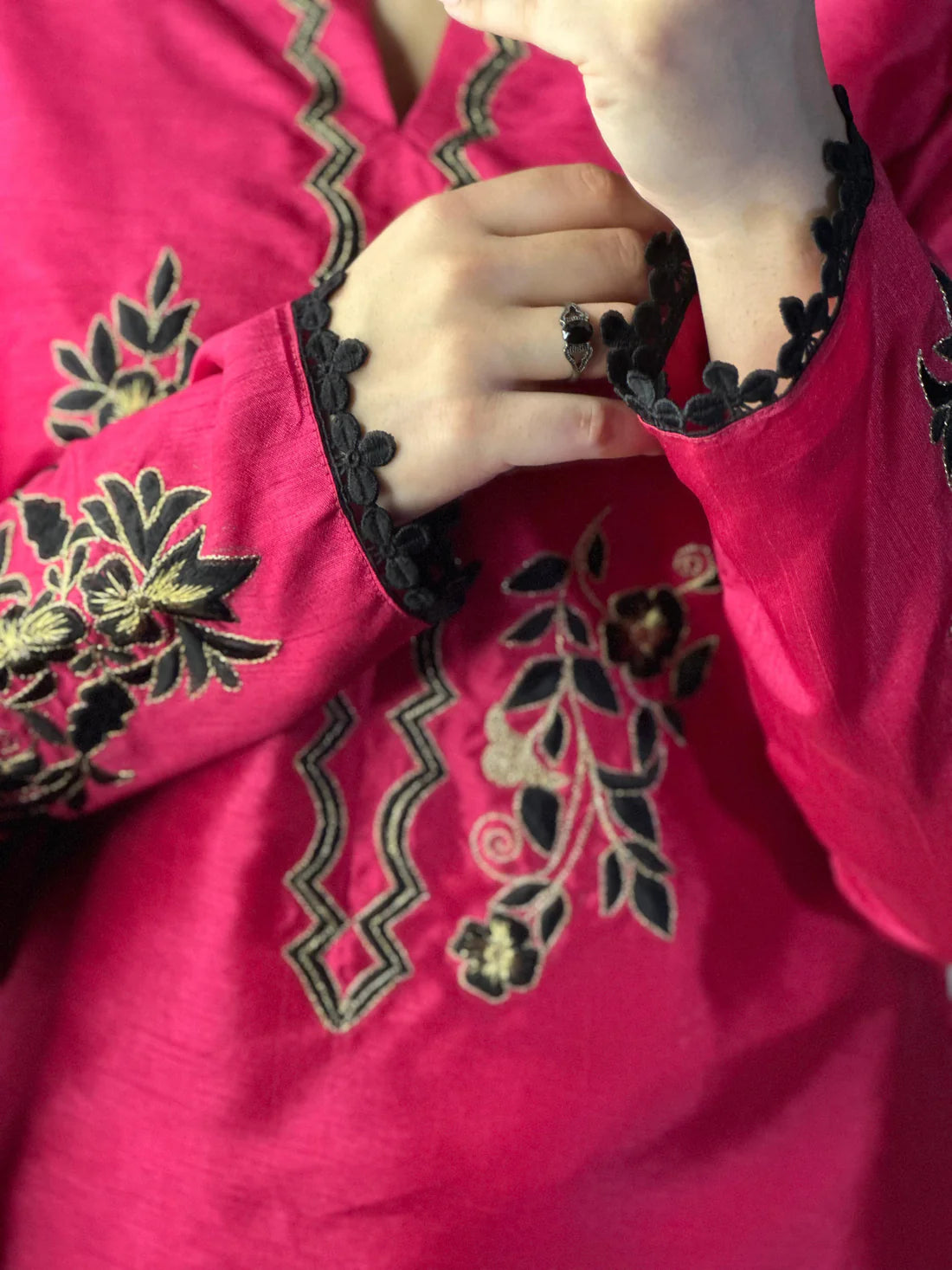 Hot Pink Embroidered Raw Silk 3-Piece Outfit with Chiffon Dupatta