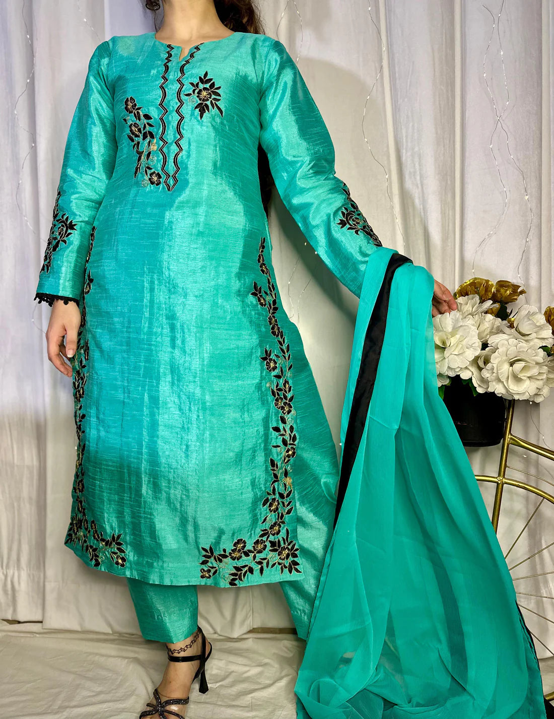 Teal Blue Embroidered Raw Silk 3-Piece Suit with Chiffon Dupatta