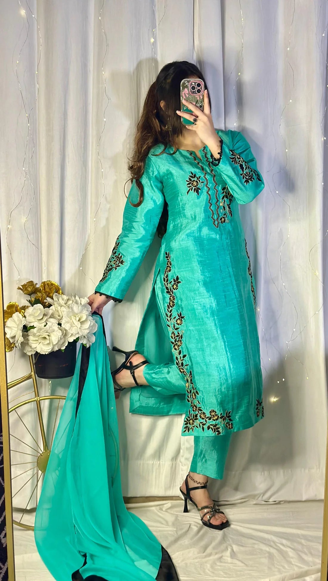 Teal Blue Embroidered Raw Silk 3-Piece Suit with Chiffon Dupatta