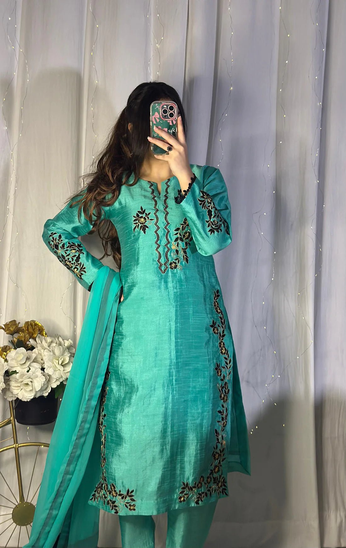 Teal Blue Embroidered Raw Silk 3-Piece Suit with Chiffon Dupatta