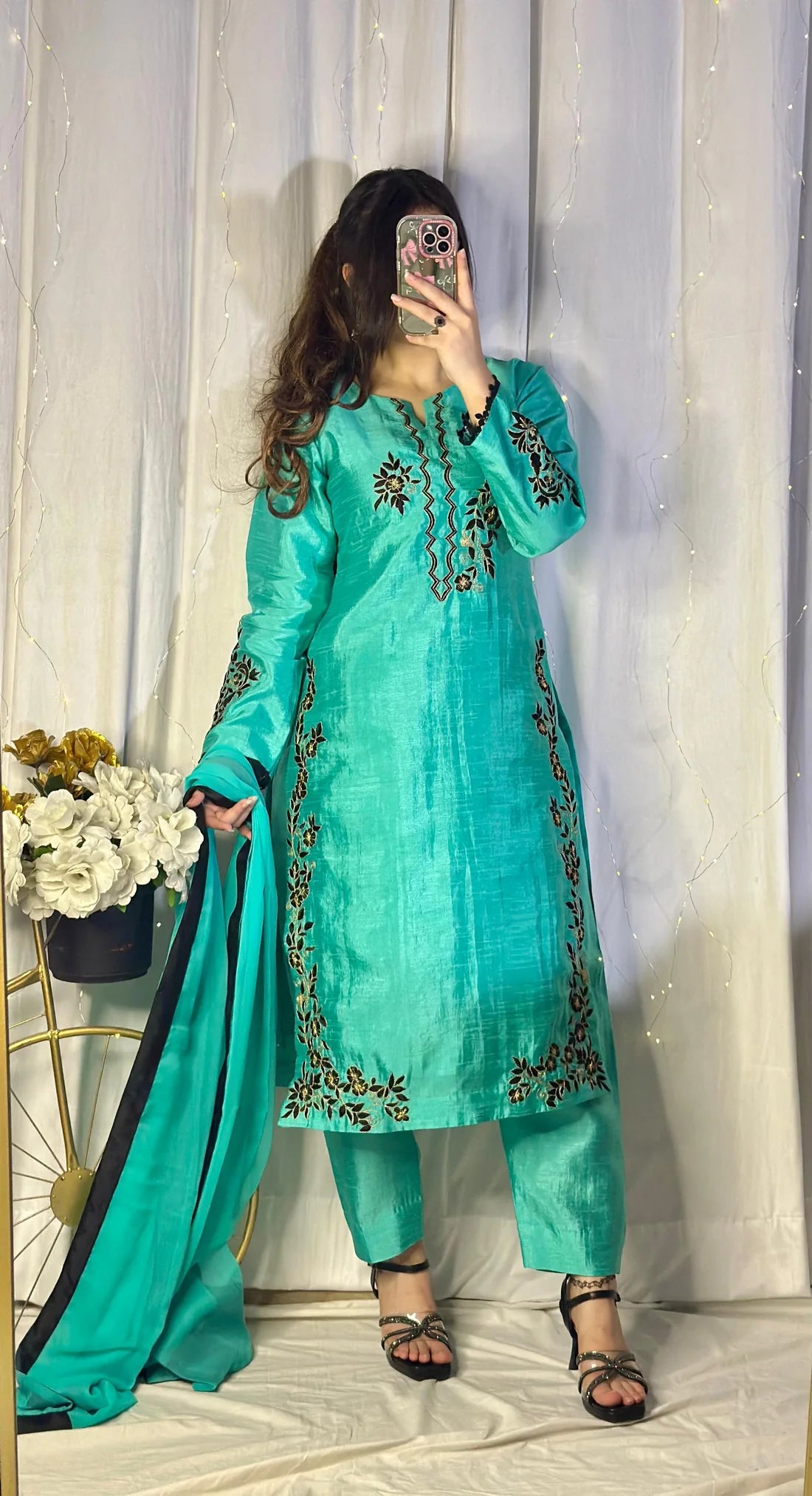 Teal Blue Embroidered Raw Silk 3-Piece Suit with Chiffon Dupatta