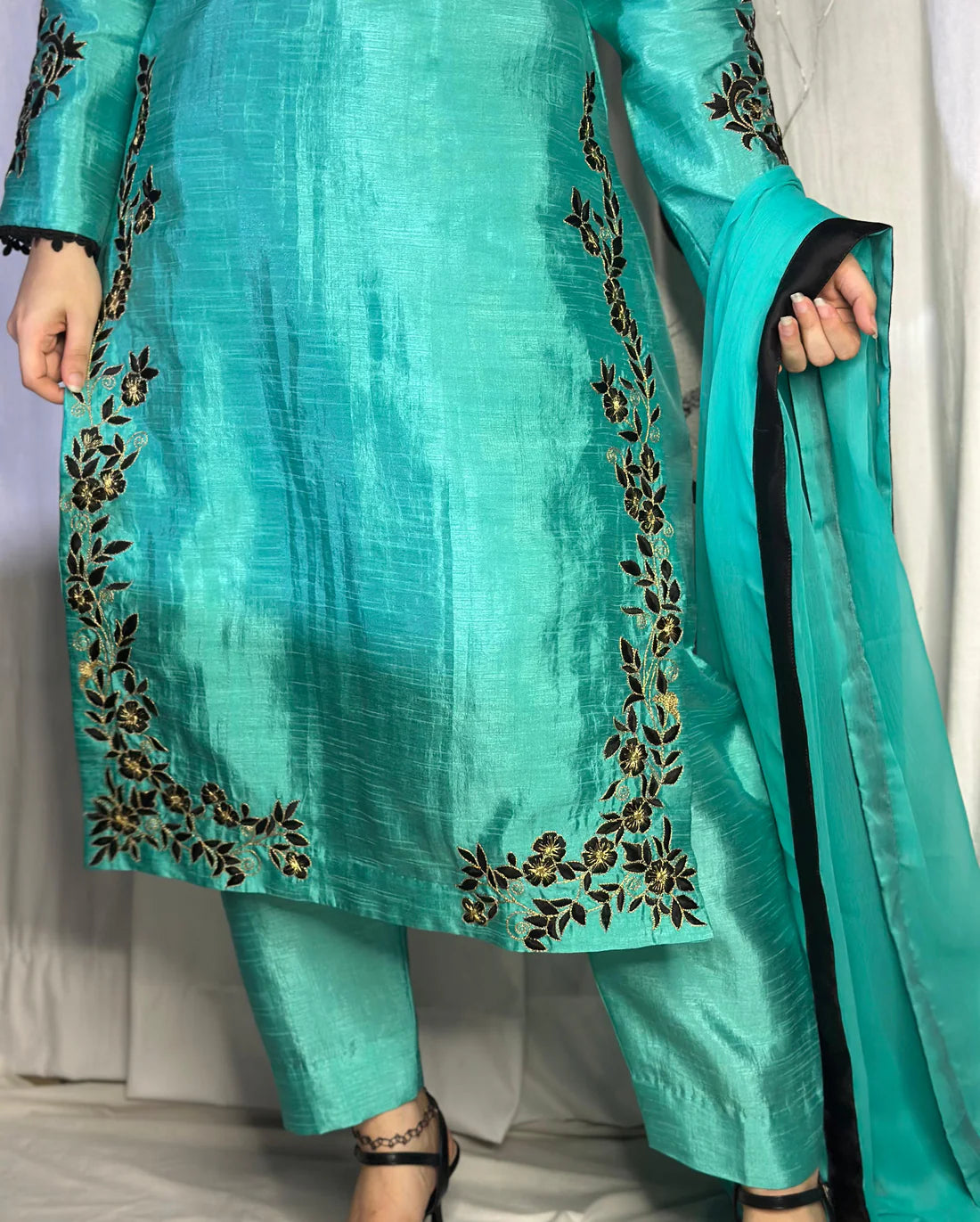 Teal Blue Embroidered Raw Silk 3-Piece Suit with Chiffon Dupatta