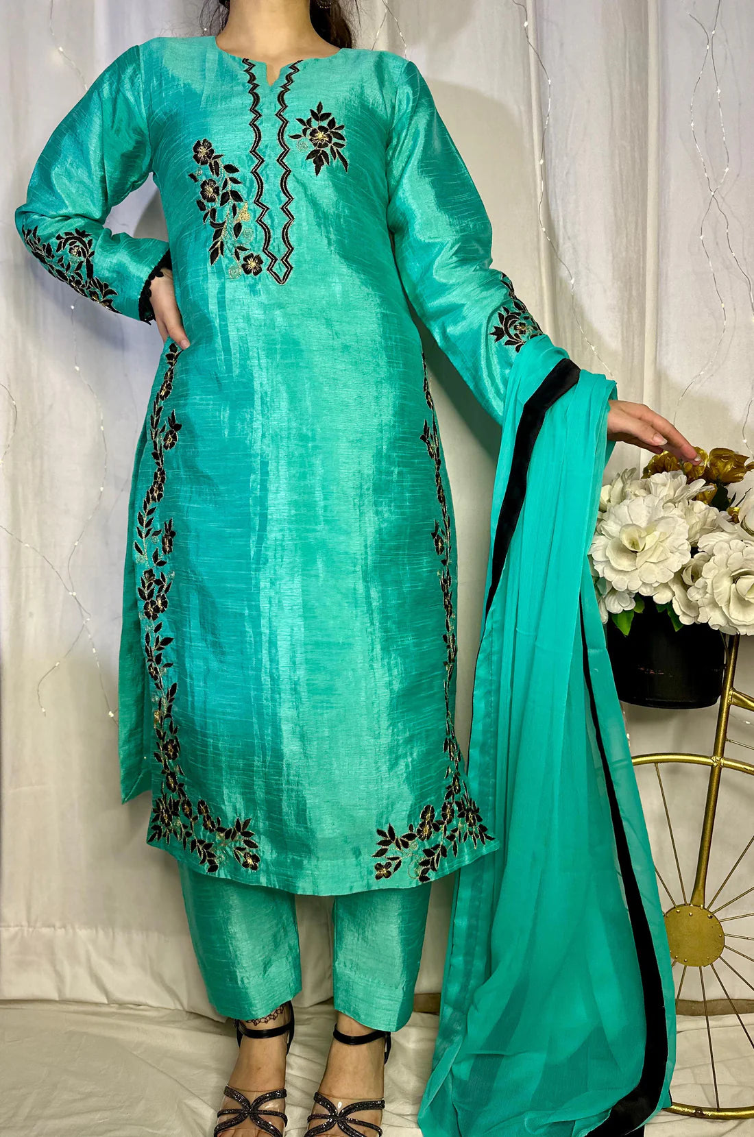 Teal Blue Embroidered Raw Silk 3-Piece Suit with Chiffon Dupatta