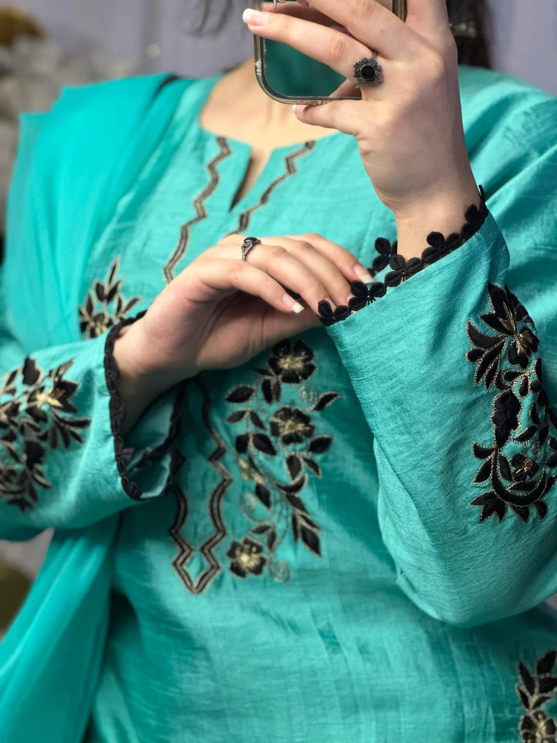 Teal Blue Embroidered Raw Silk 3-Piece Suit with Chiffon Dupatta