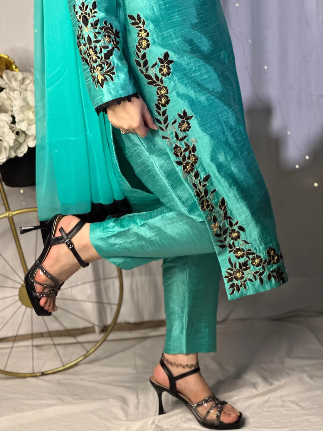 Teal Blue Embroidered Raw Silk 3-Piece Suit with Chiffon Dupatta